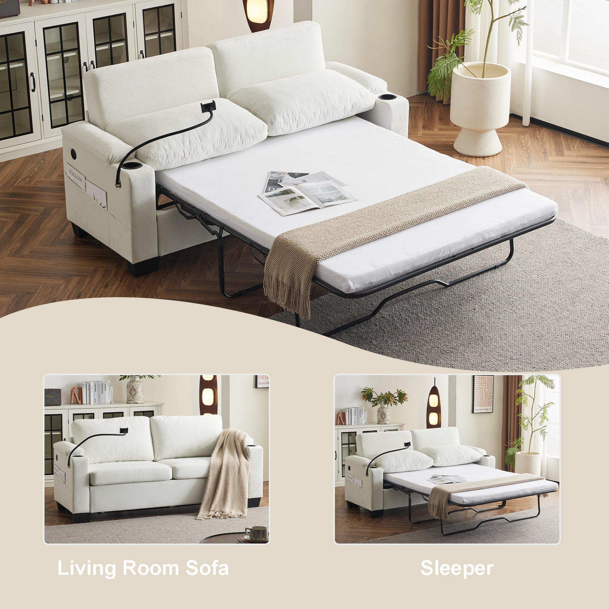 73.63*27.96 Pull Out Sofa Bed, Chenille Material, Pull Out Queen Sofa Bed With Memory Foam Mattress, For Living Room, Bedroom, Office, Apartment, White White Minimalist Chenille,Metal & Wood