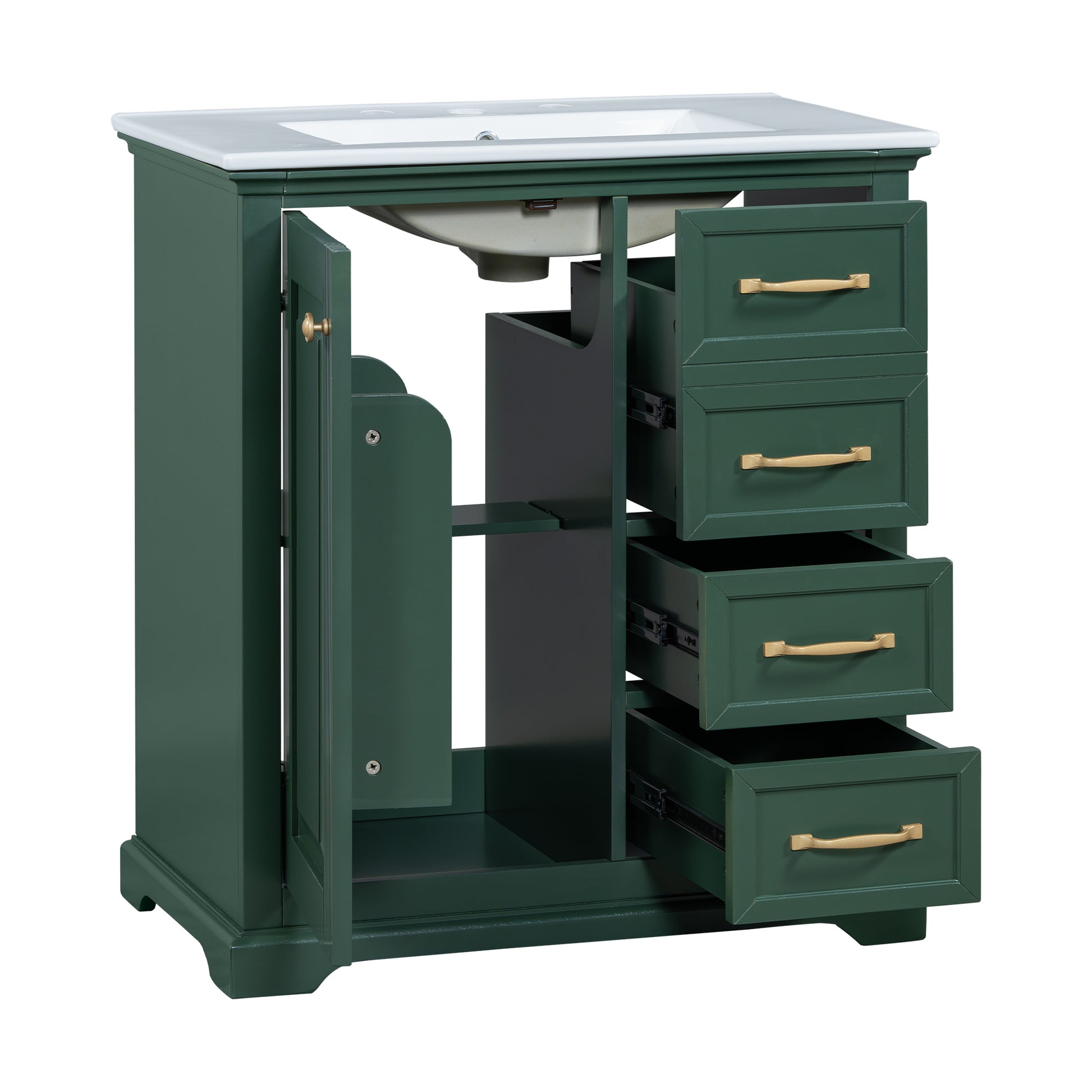 30" Bathroom Vanity With Sink, One Package, Green Bathroom Cabinet With Drawers, Solid Frame And Mdf Board Green Solid Wood Mdf