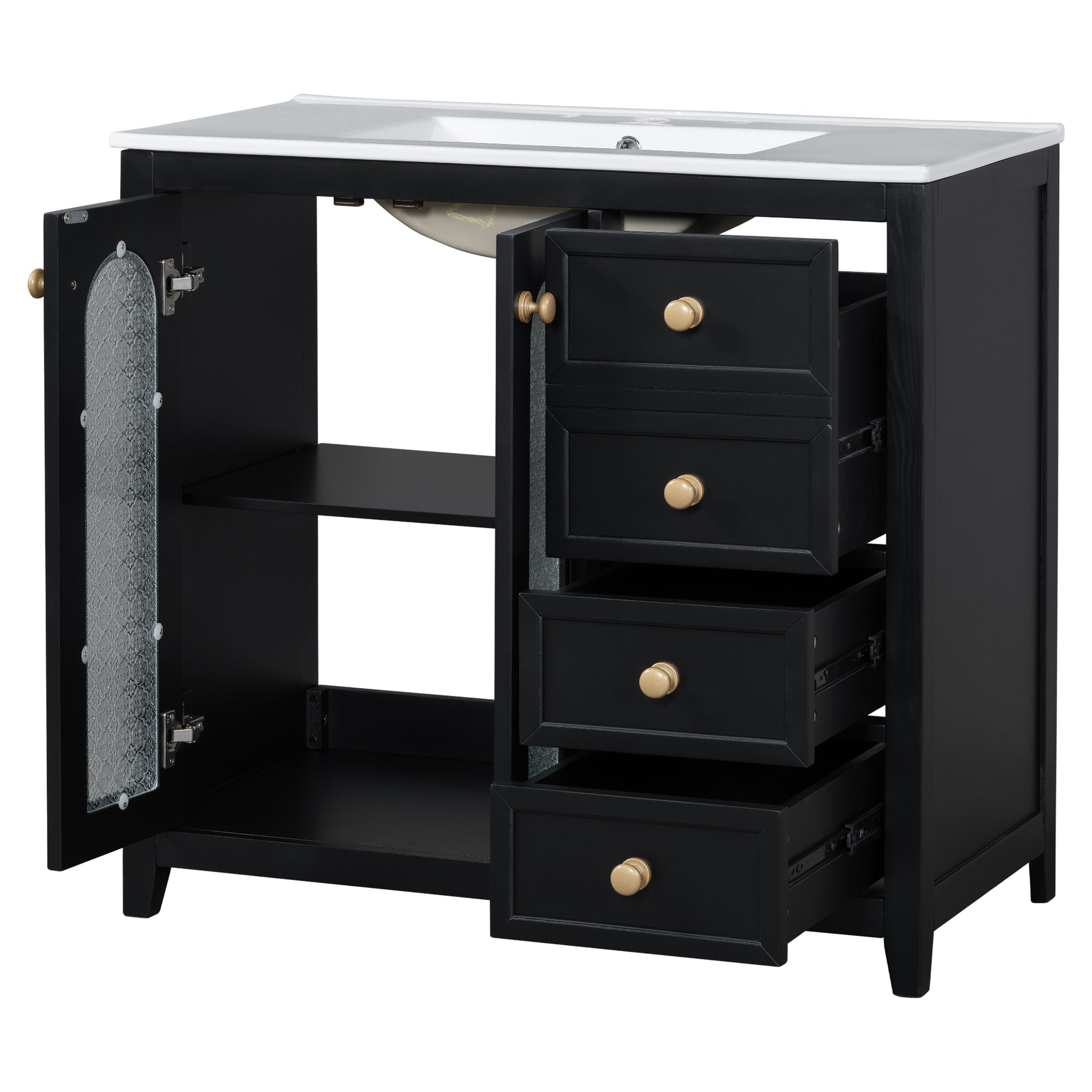 36 Inch Bathroom Vanity With Two Soft Close Doors, Adjustable Shelves And Three Soft Close Drawers Black Bathroom Solid Wood Mdf