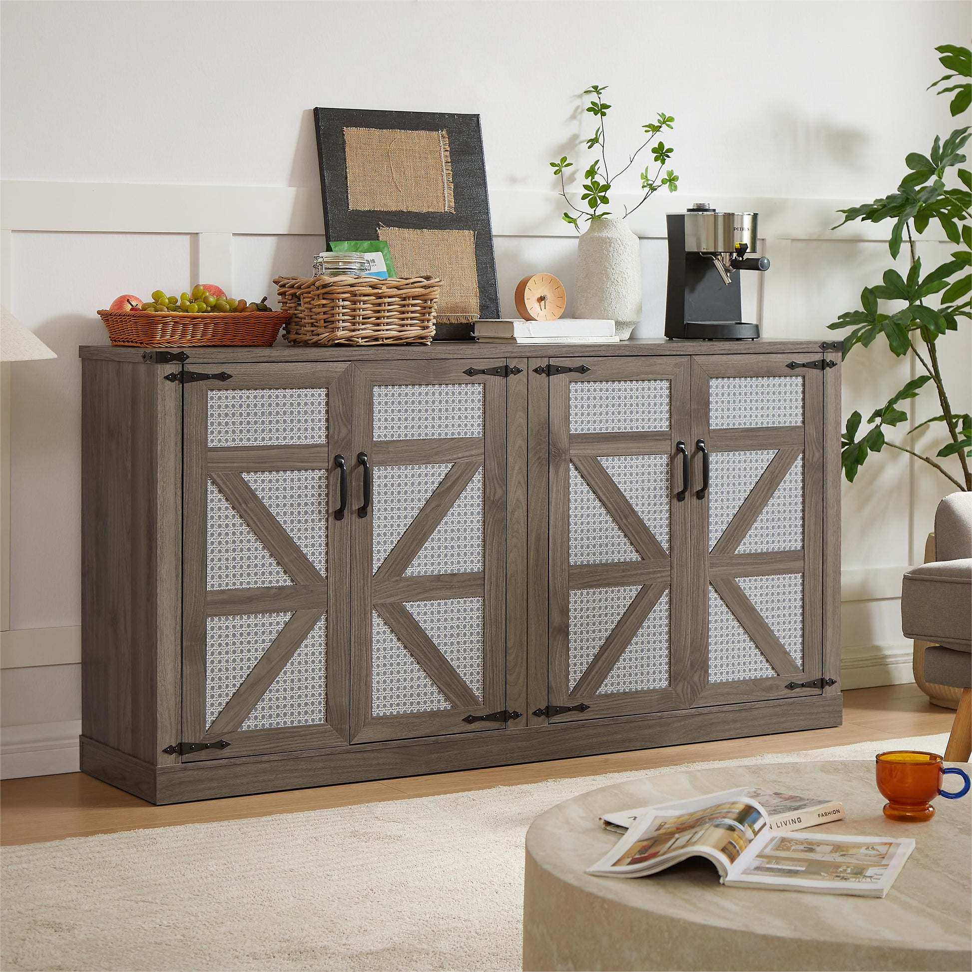 65 Inch Slate Gray Faux Rattan Sideboard With Barn Doors Rustic Sideboard, 4 Door Storage For Living Room, Entryway, Bedroom, Dining Room Stone Gray Particle Board Mdf