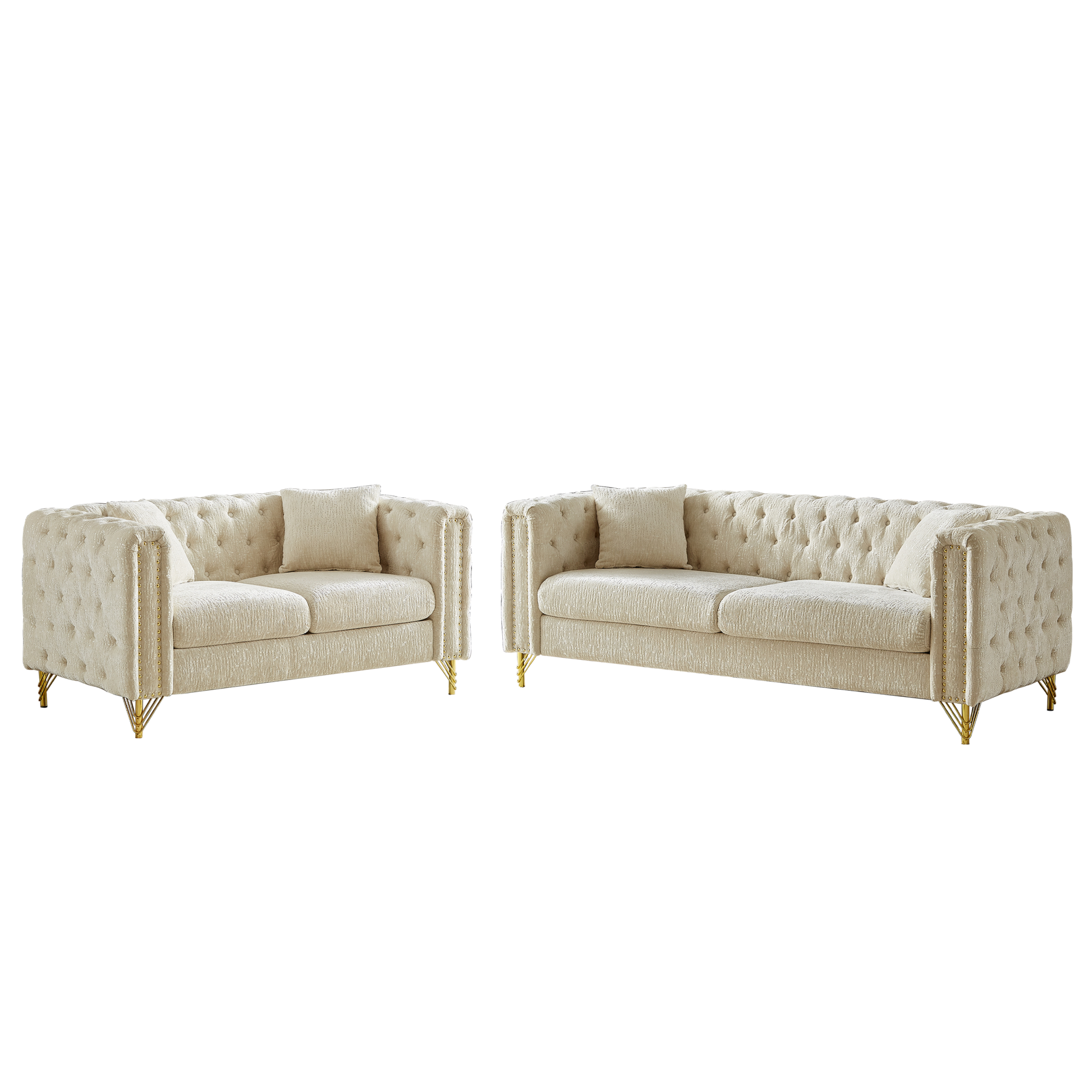 Chenille Pull Buckle Design Sofa For Living Room,Buttons Tufted With Copper Nail Decoration Armrest, Modern Couch Upholstered Button And Metal Legs Beige Foam Chenille 5 Seat