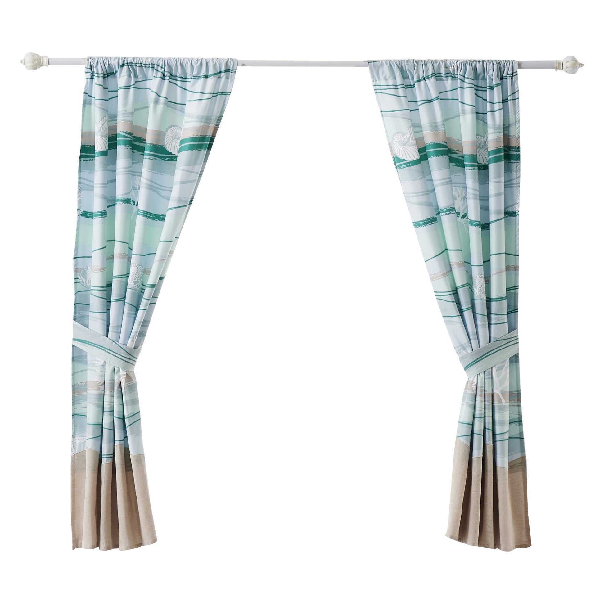 Vira 63 Inch Window Curtains, Ocean Waves And Sand Print, Rod Pockets Blue Brown Microfiber