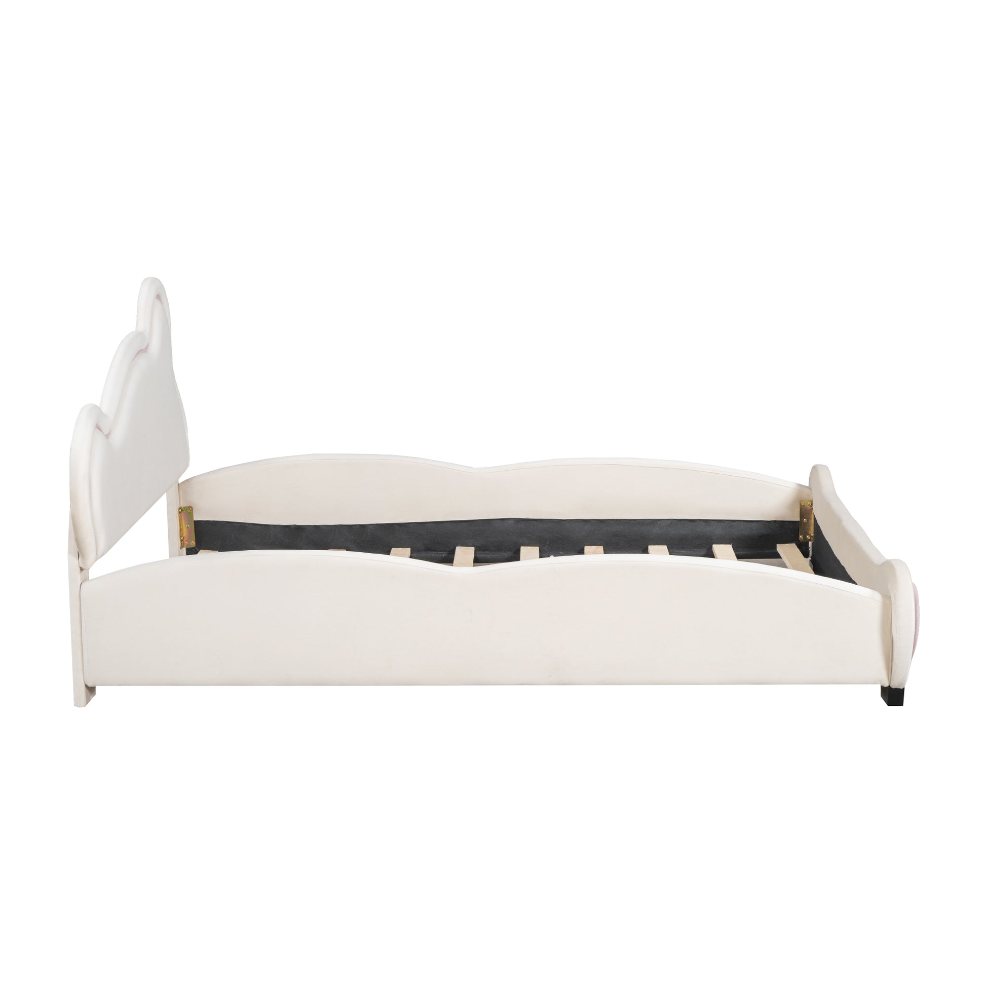 Full Size Velvet Platform Bed With Bear Shaped Headboard, With Bed End Storage Pocket, Beige Full Beige Plywood