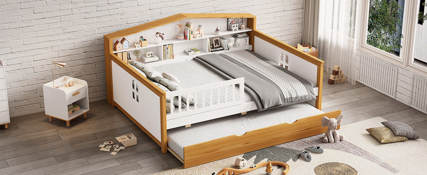 Full Size House Shape Daybed With Trundle And Bookcase Headboard Wooden Bed For Girls Boys Teens, No Box Spring Needed, Walnut And White Box Spring Not Required Full White Walnut Wood Bedroom Cute Pine Bed Frame Wood