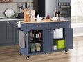 Kitchen Island With Rubber Wood Countertop, Kitchen Cart On 5 Wheels With Storage Cabinet And 2 Top Drawers And A Center Double Layered Storage Drawer For Dinning Room, Blue Blue Dining Room Rectangular Rubberwood Solid Wood Mdf Large 56 In