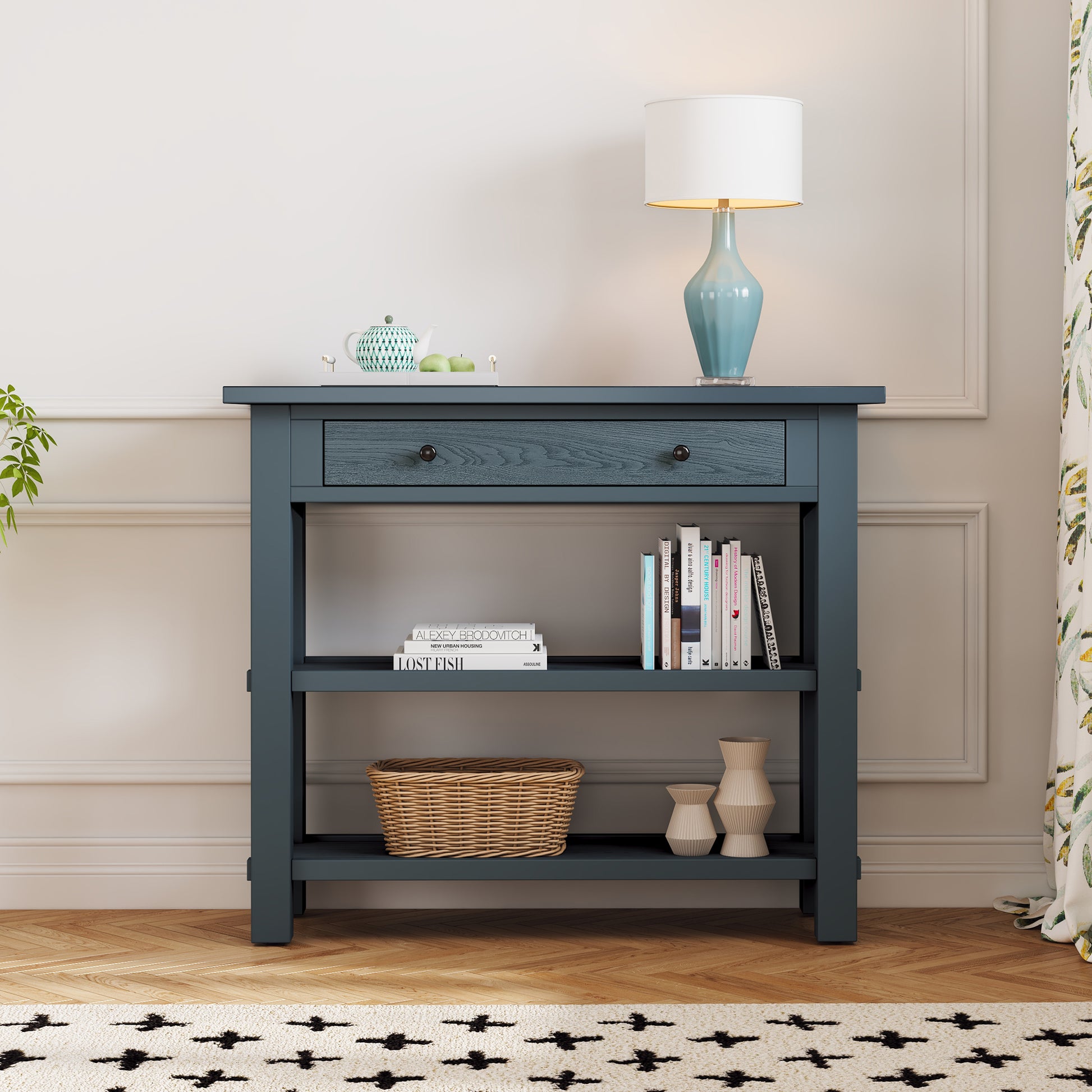 Retro Console Table With Drawer And Two Sturdy Shelves For Entryway, Living Room Navy Navy Mdf,Rubber Wood