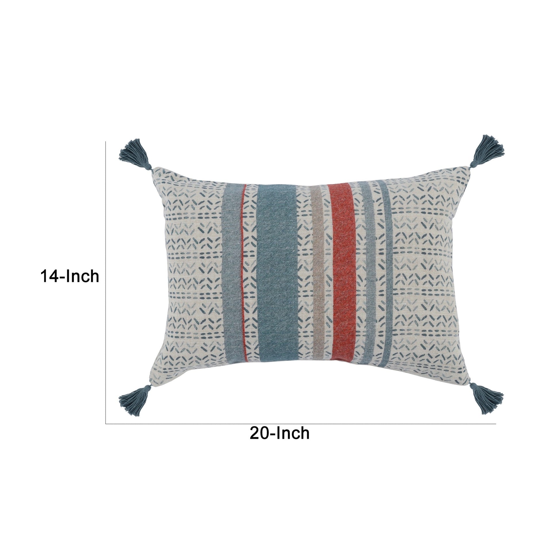 14 X 20 Modern Throw Pillow, Digitally Printed, Stripes, Tassels, Blue, Red Multicolor Linen