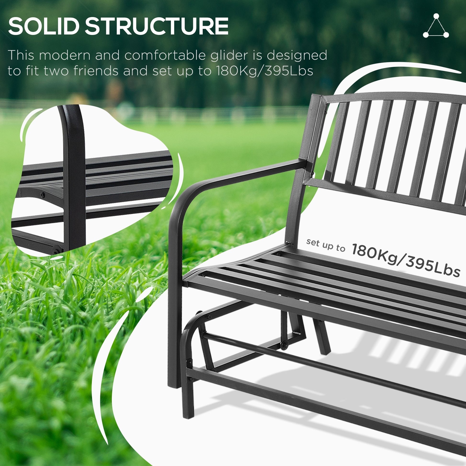 Outsunny Outdoor Glider Bench, Glider Bench For Outside Patio With Armrests, Slatted Seat & Backrest, Loveseat With Power Coated Steel Frame, Black Black Steel