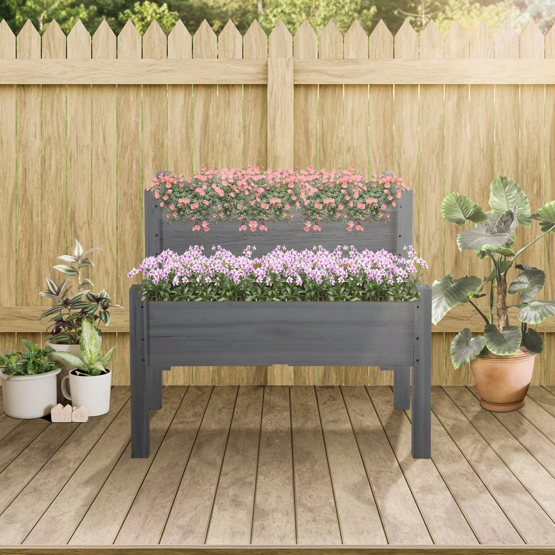 Outsunny 34"X34"X28" Raised Garden Bed, 2 Tier Elevated Wood Planter Box For Backyard, Patio To Grow Vegetables, Herbs, And Flowers, Gray Gray Wood