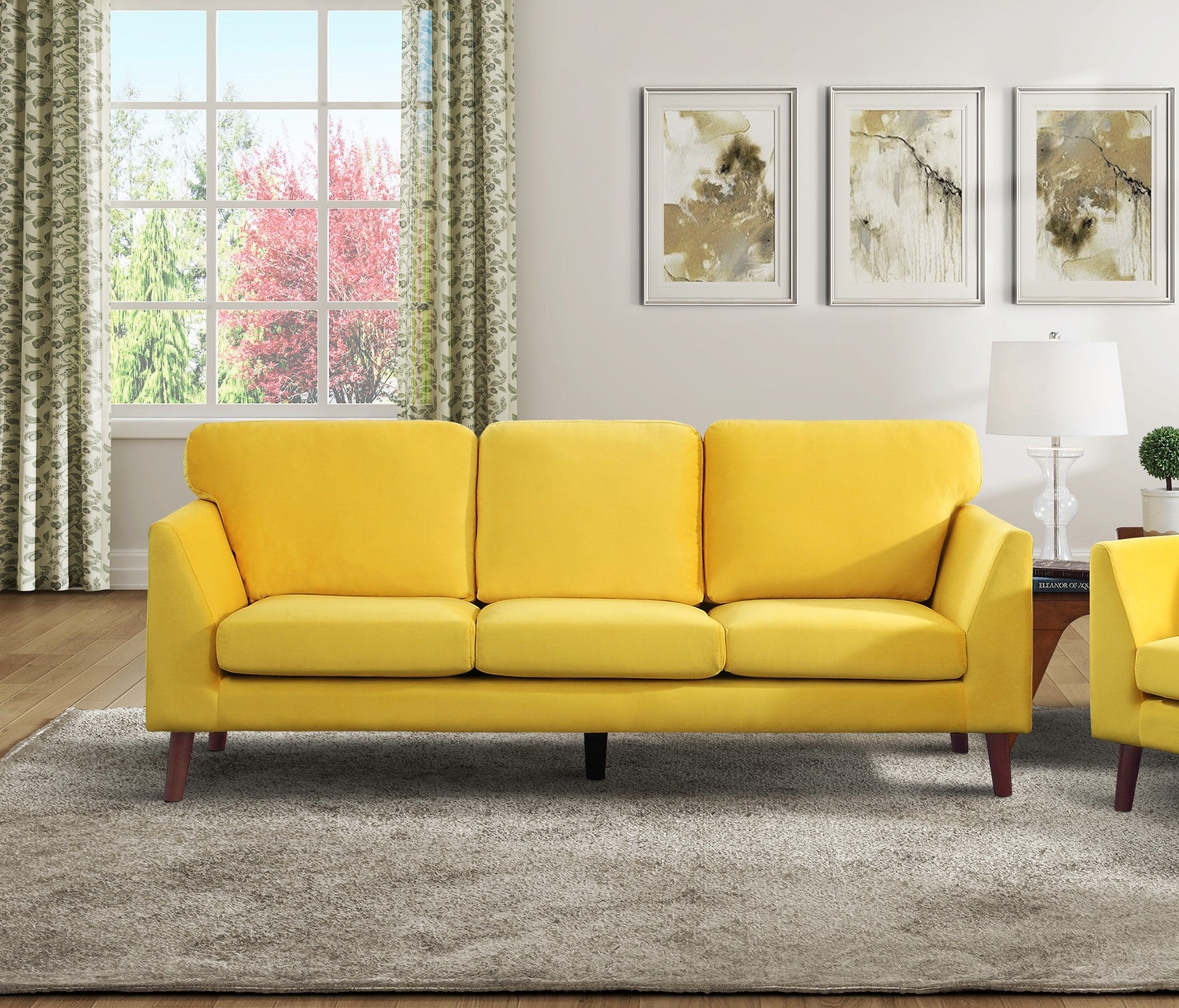 Modern Contemporary Living Room 1Pc Sofa Yellow Velvet Upholstery Dark Brown Legs Solid Wood Furniture Yellow Velvet Wood Primary Living Space Modern Solid Wood 3 Seat