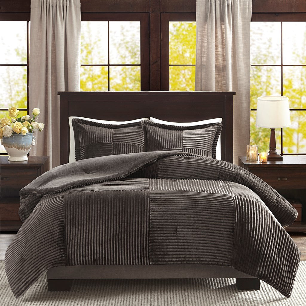 Plush Down Alternative Comforter Set King Brown Grey Polyester