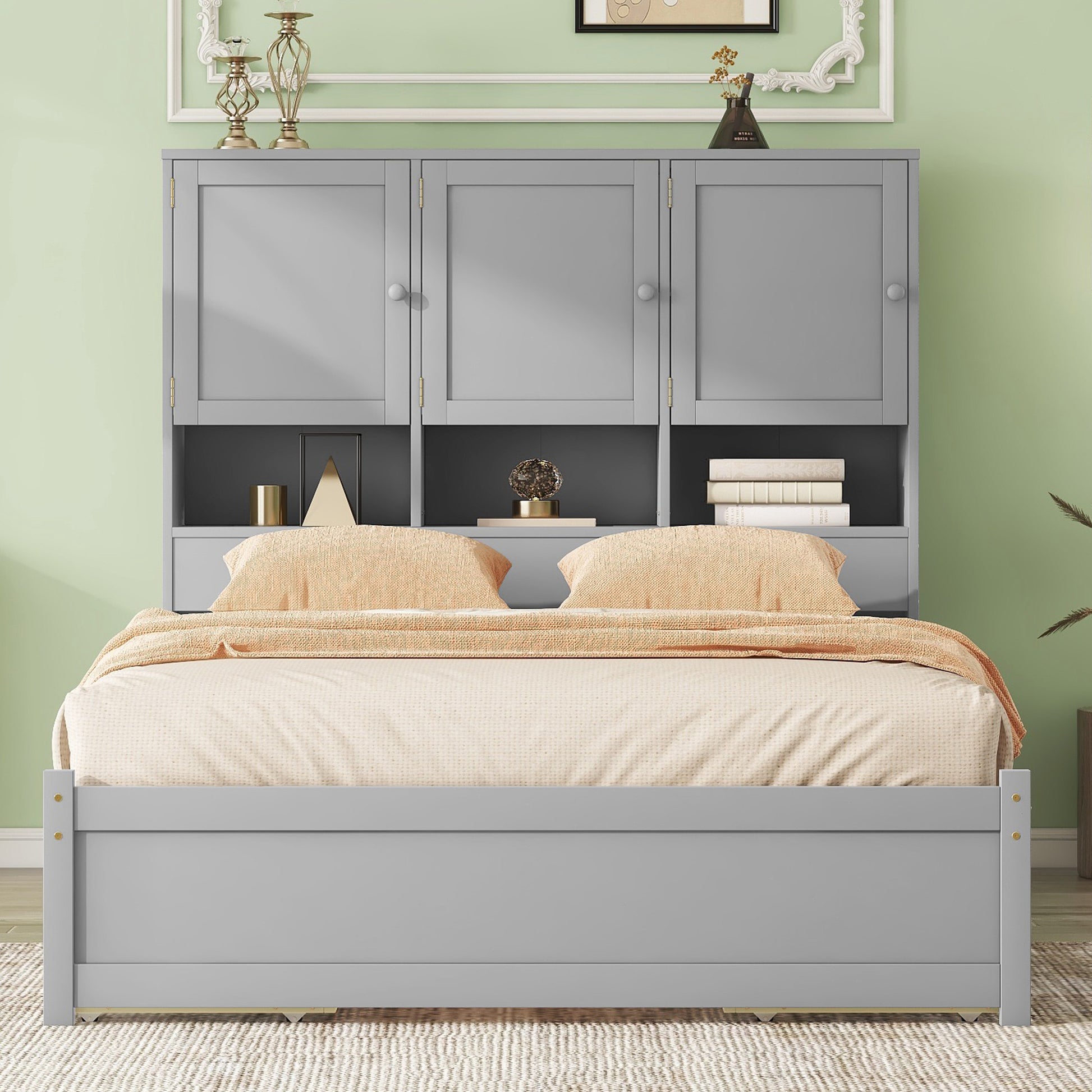 Queen Size Platform Bed With Storage Headboard And 4 Drawers, Gray Box Spring Not Required Queen Gray Wood Bedroom Bed Frame Solid Wood Mdf