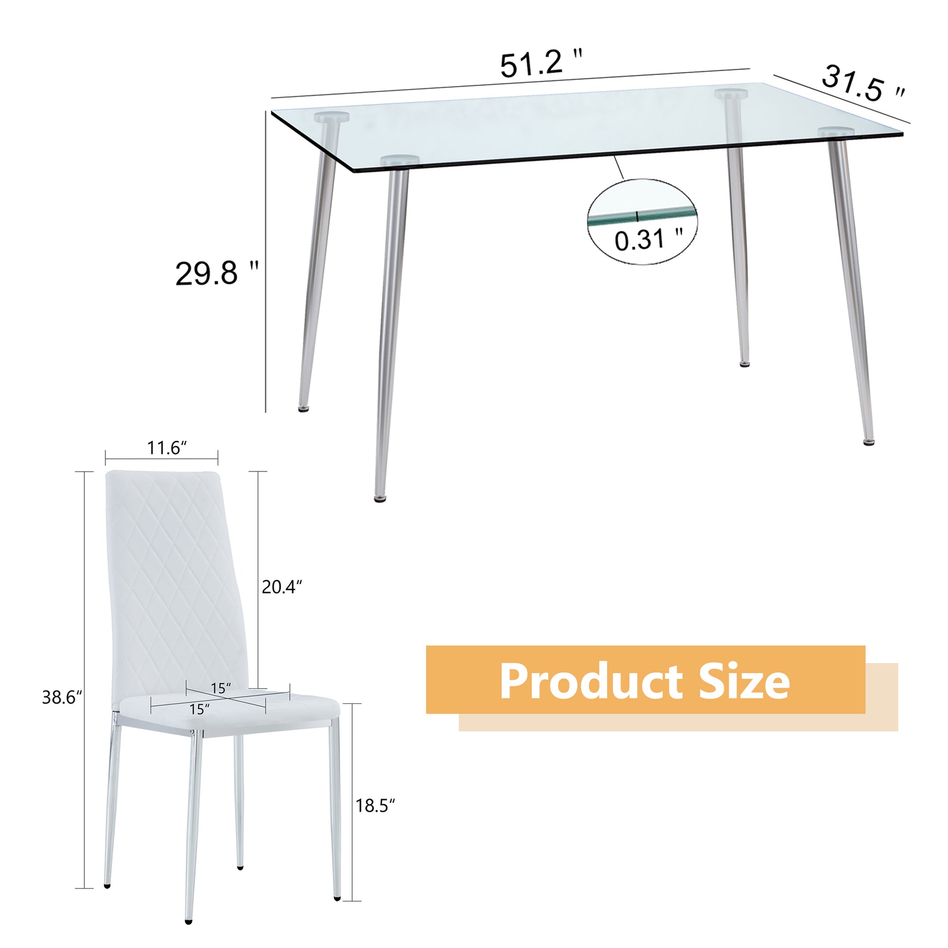 Table And Chair Set.Rectangular Dining Table With Tempered Glass Tabletop And Silver Plating Metal Legs.Paired With 4 Checkered Armless High Back White Chairs With Electroplated Metal Legs. White Seats 4 Glass Metal