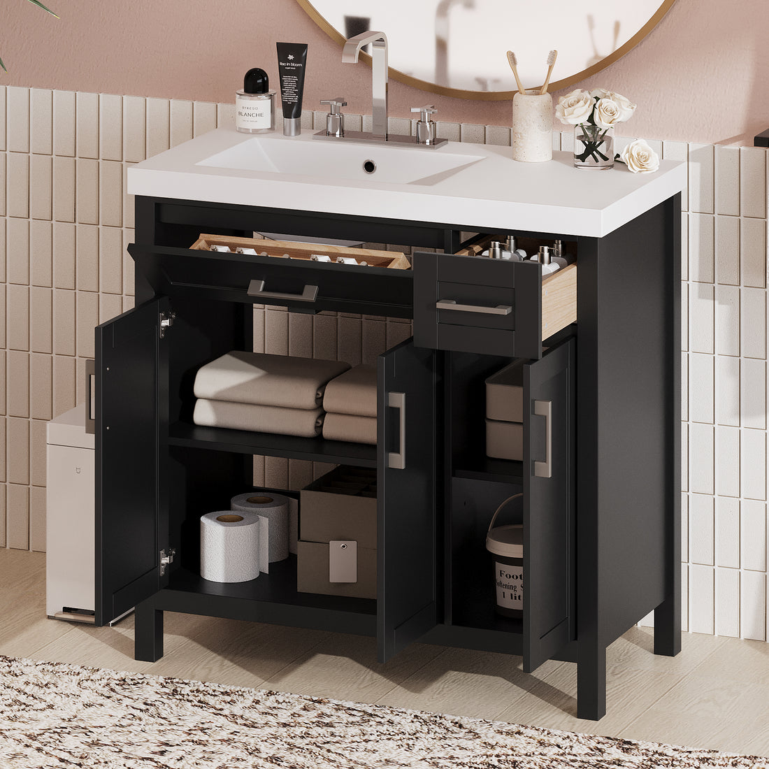 36" Black Bathroom Vanity Cabinet With Resin Integrated Sink 2 Drawers, 3 Doors Black Bathroom Solid Wood Mdf Resin