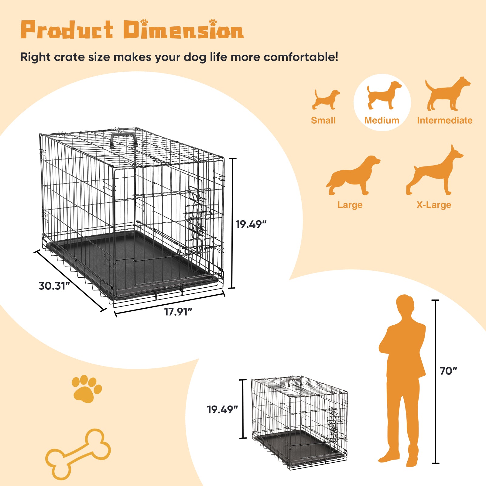 Dog Crate With Divider Panel,30 Inch Double Door Folding Metal Wire Dog Cage With Plastic Leak Proof Pan Tray, Pet Kennel For Indoor Black Iron