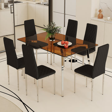 Table And Chair Set.Large Modern Rectangular Table With Brown Glass Top And Silver Metal Legs. Paired With 6 Black Chairs With Checkered Armless High Back Pu Cushion And Silver Metal Legs. Black,Silver Seats 6 Glass Metal