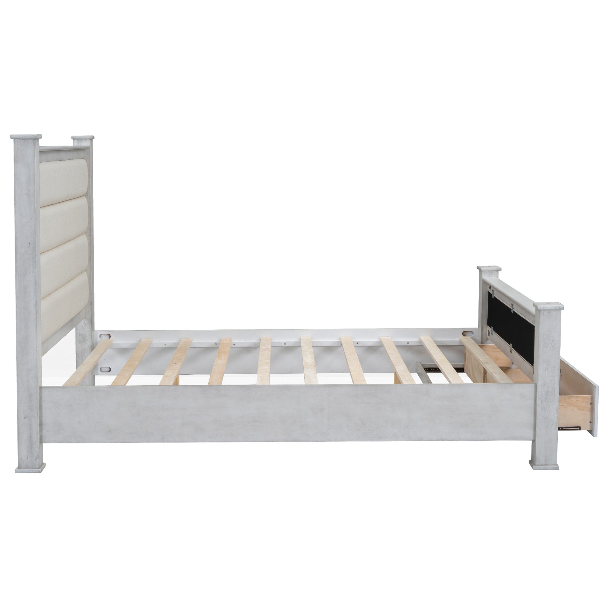 Queen Size Wood Frame Platform Bed With Upholstered Headboard, Footboard And 2 Drawers, Antique White Box Spring Not Required Queen Antique White Wood Bed Frame Solid Wood Mdf