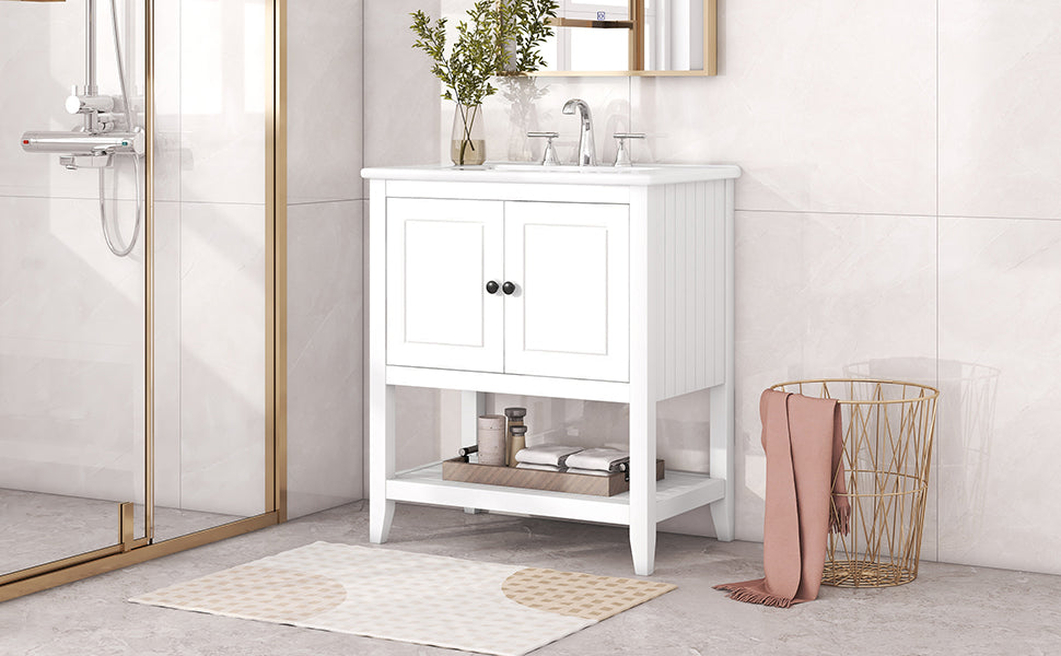 30" White Modern Sleek Bathroom Vanity Elegant Ceramic Sink With Solid Wood Frame Open Style Shelf & Door Shelf Design White Solid Wood
