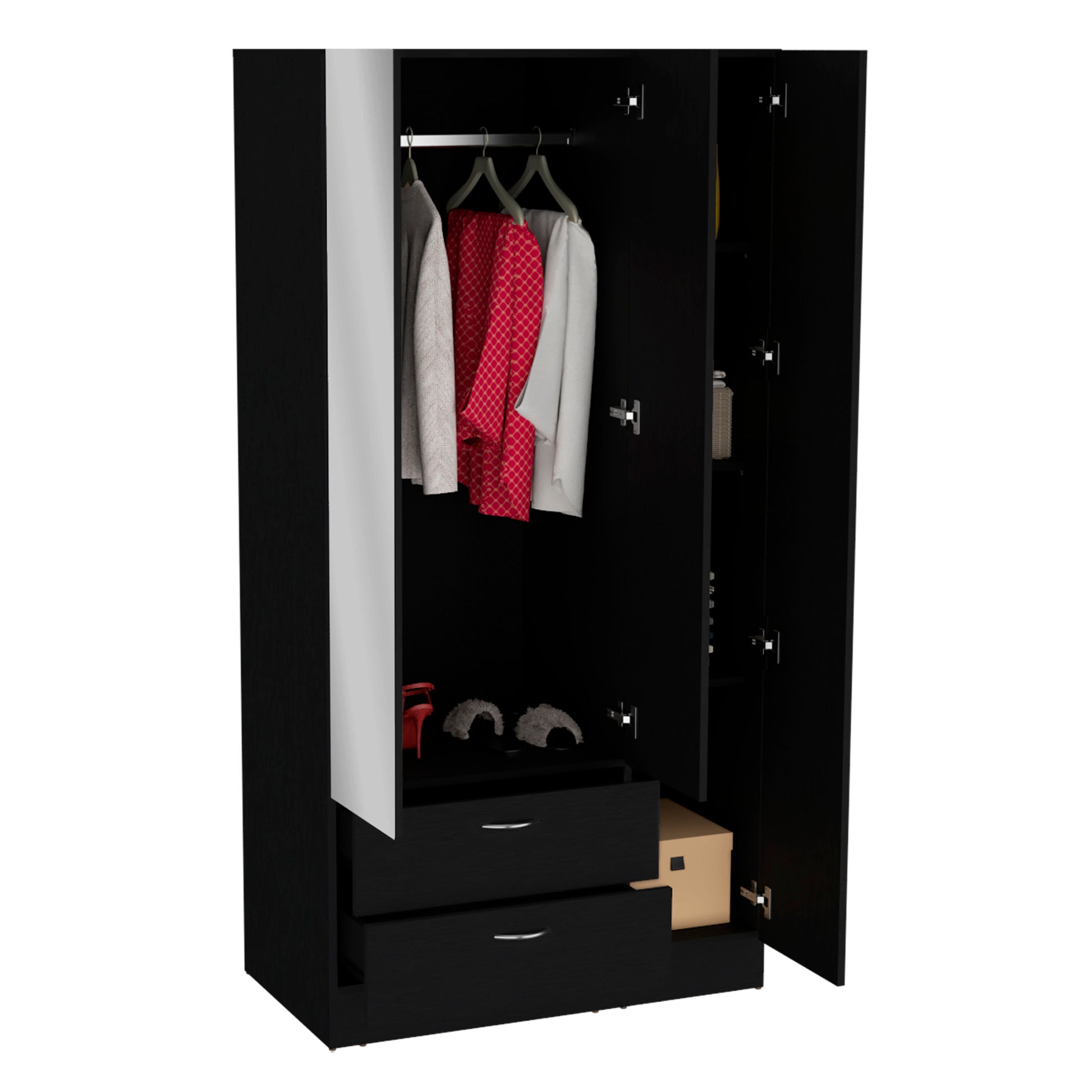 Riverside 3 Door Mirrored Armoire With Two Drawers, Four Shelves, And Hanging Rod Black Black Bedroom Particle Board