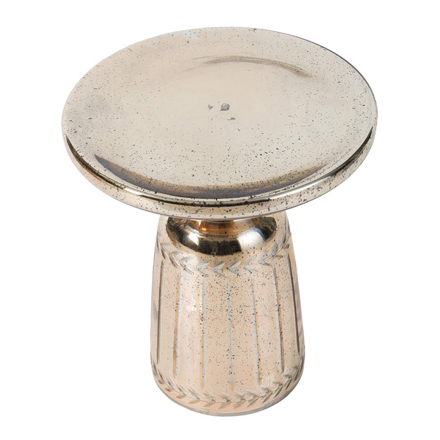 Liv 18 Inch Side Table, Laurel Accent Trimmed Edge, Round Glass Top, Gold Gold Glass