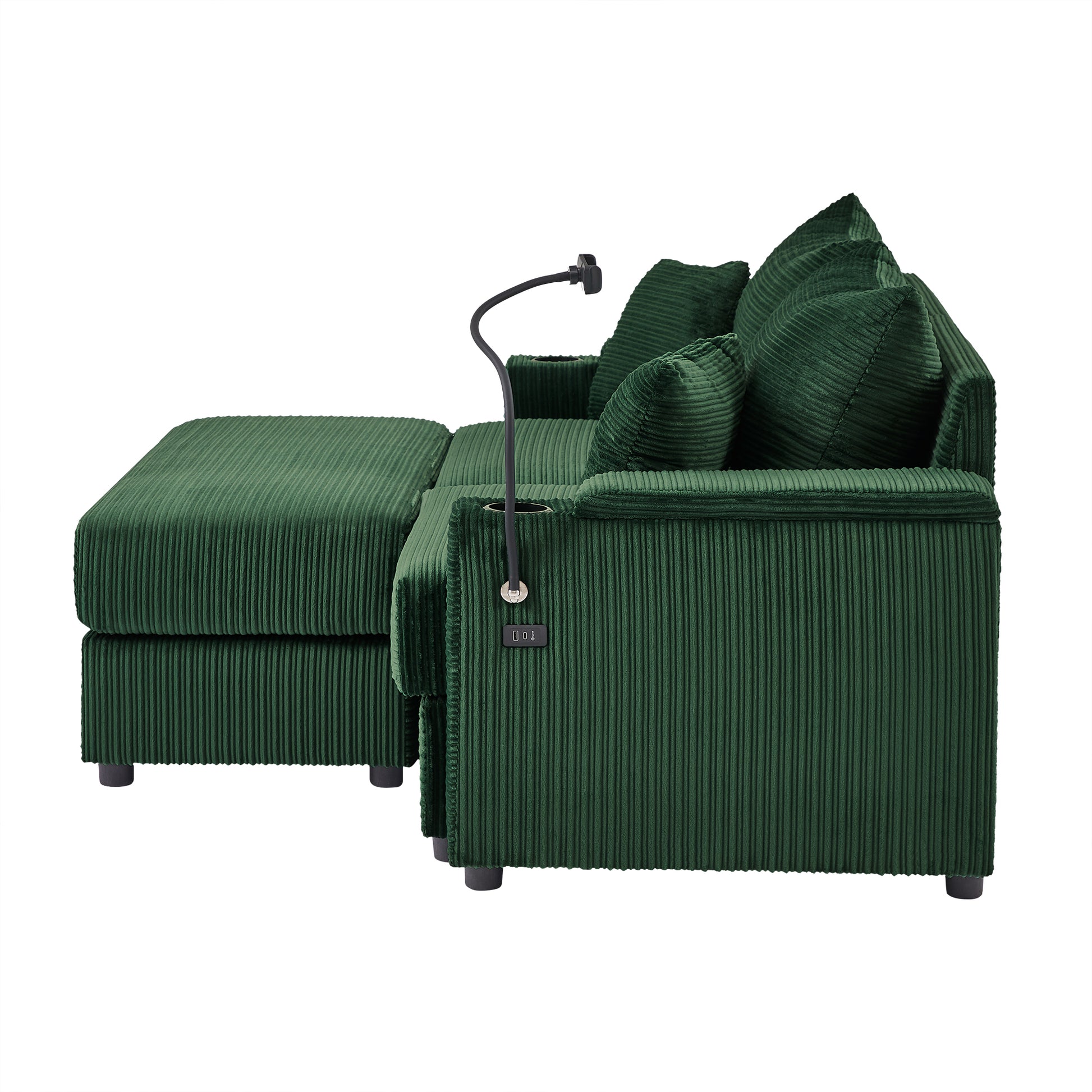 72.8" Modern Style Loveseat Sofa Sectional Sofa Couch With Storage Space, A Movable Ottoman, Two Usb Ports, Two Cup Holders, A Phone Holder For Living Room, Green Green Foam Corduroy 3 Seat