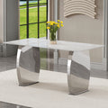 Modern Rectangular Dining Table, 0.4 Inch White Patterned Top, Silver Legs, Suitable For Kitchen, Dining Room, Living Room 63 Inches * 31.4 Inches * 30 Inches White Silver Sintered Stone