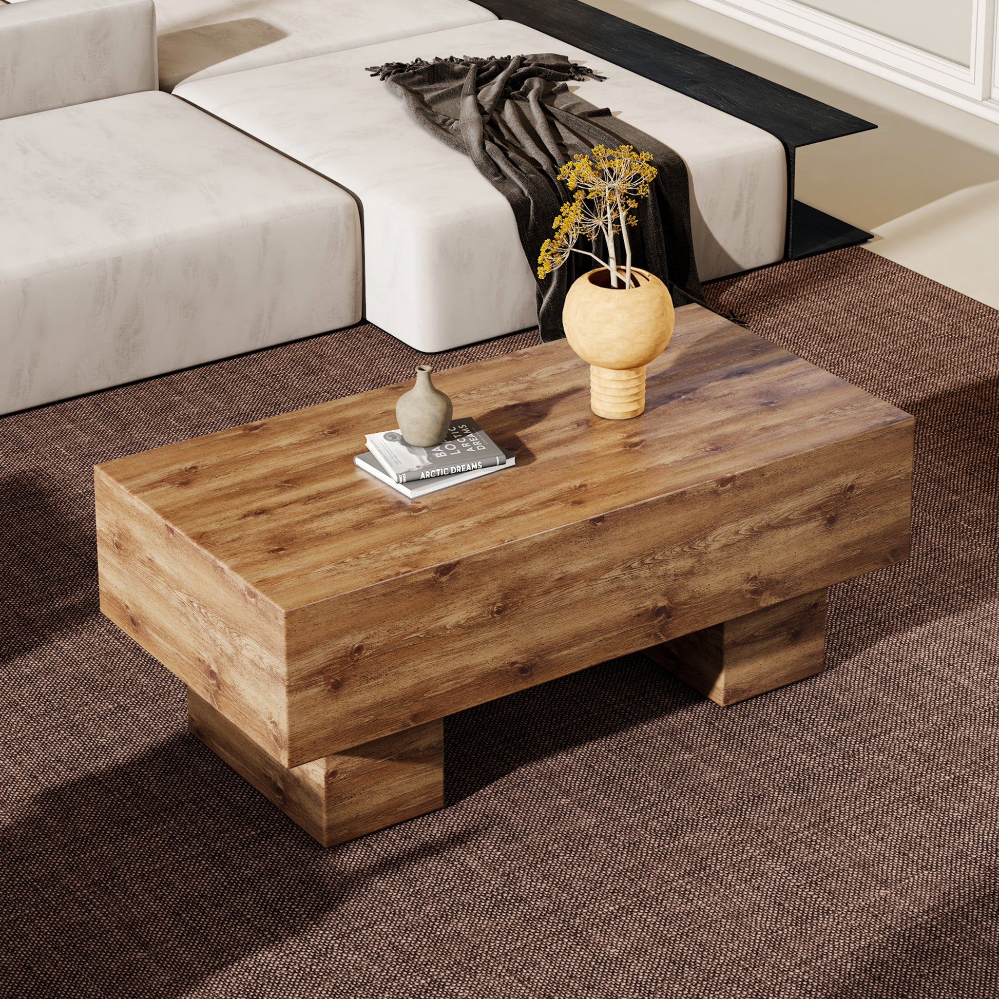 This Modern Rectangular Coffee Table Features A Stylish Wood Color, Making It An Ideal Addition To Any Living Room Or Apartment, And Measures 43.3 "X 21.6" X 17.2 ". Wood Mdf