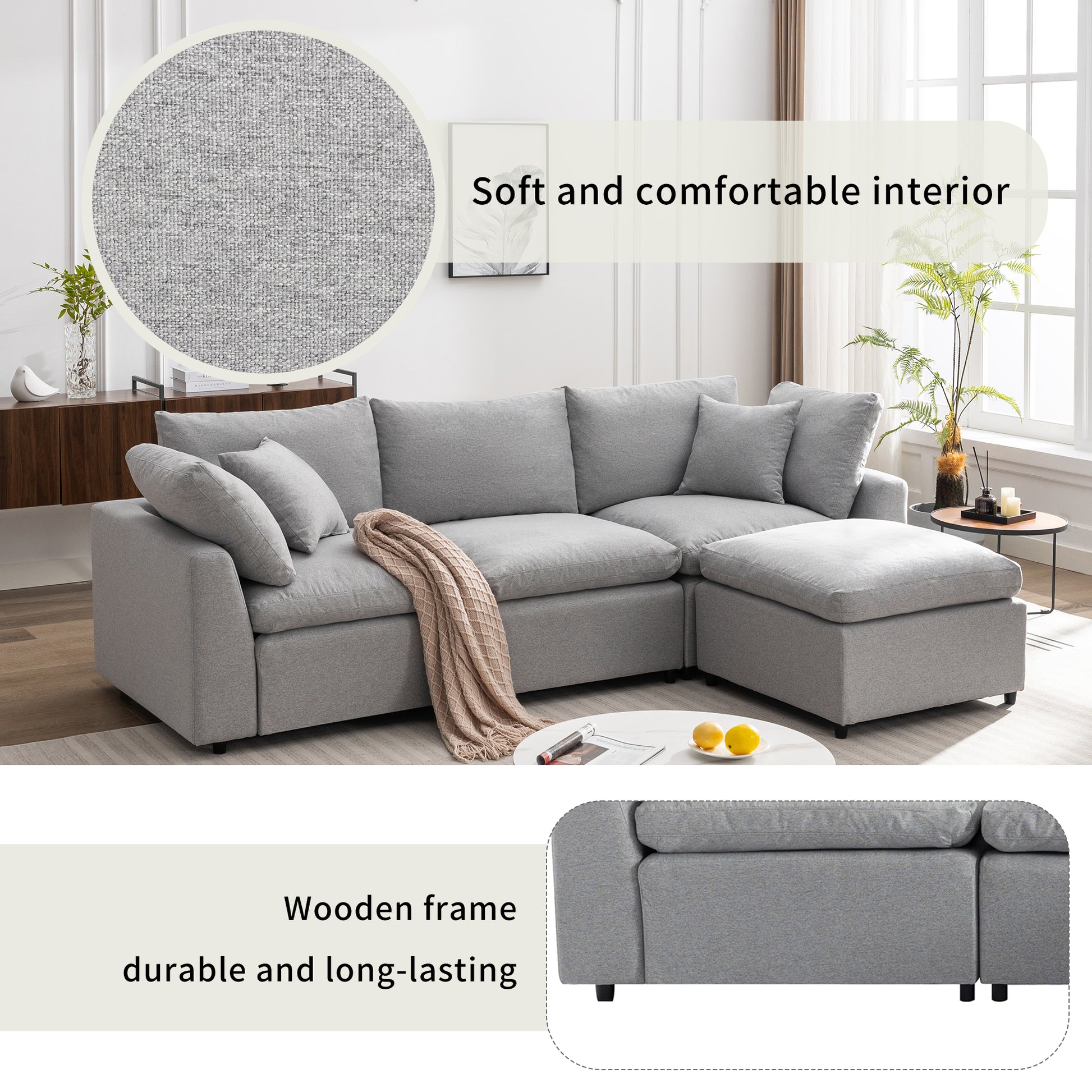 Down Filled Upholstery Convertible Sectional Sofa, L Shaped Couch With Reversible Chaise Light Gray Polyester 4 Seat