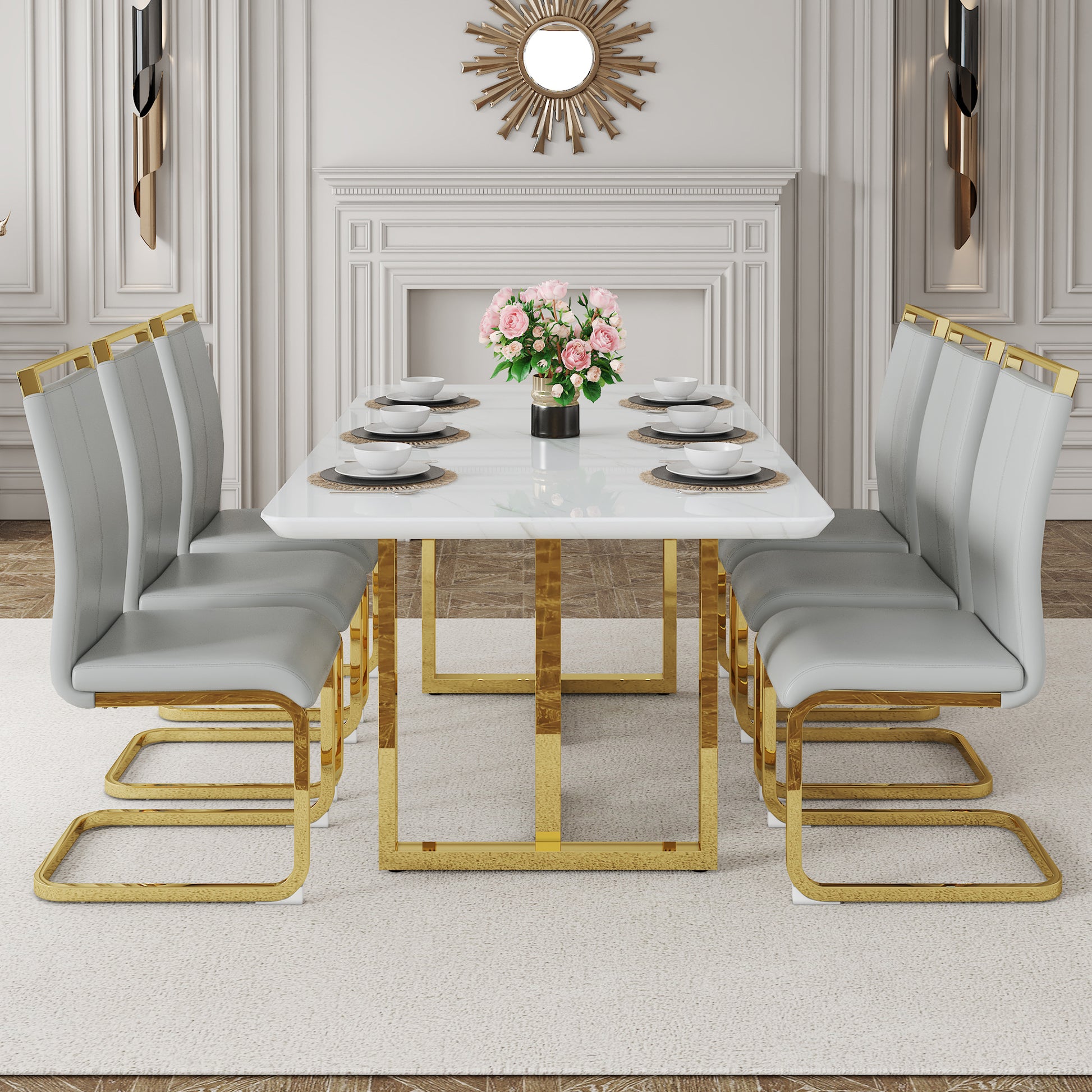 Table And Chair Set.67"X36" White Marble Pattern Mdf Dining Table Set With 6 Light Gray Pu Chairs.Mdf Sticker,White Marble Pattern Sticker,Gold C Tube Chair Legs,Suitable For Kitchen,Dining