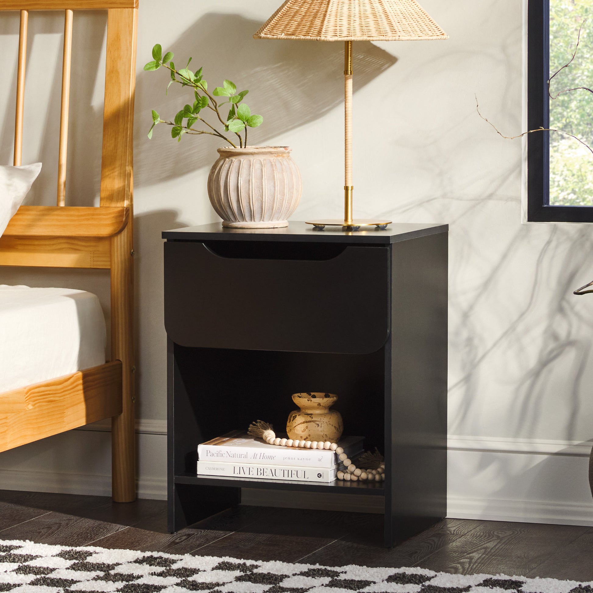 Modern Minimalist 1 Drawer Nightstand With Cubby Black Black Mdf Mdf