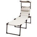 Outsunny Outdoor Lounge Chair, Adjustable Backrest Folding Chaise Lounge, Cushioned Tanning Chair W Sunshade Roof & Pillow Headrest For Beach, Camping, Hiking, Cream White Cream White Steel