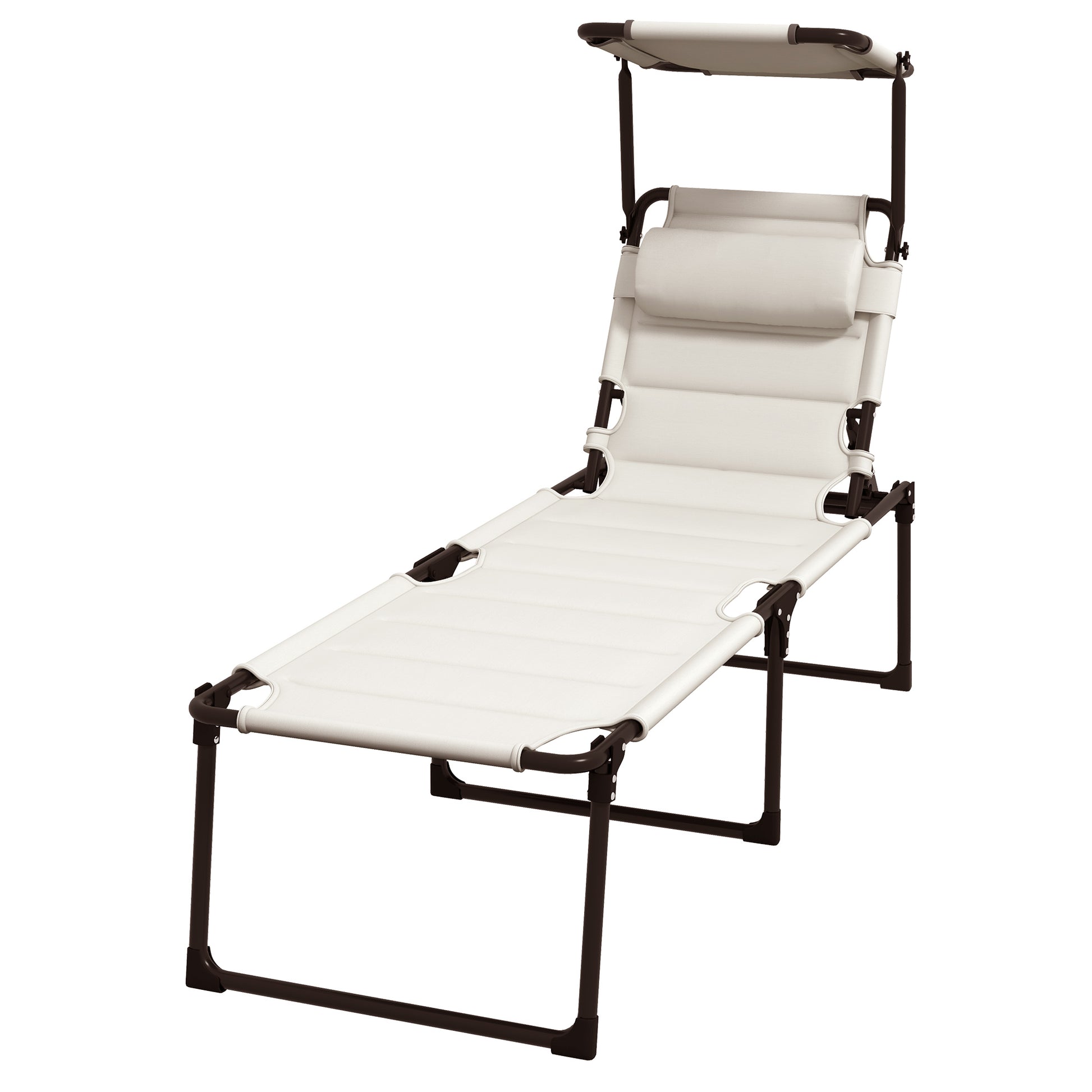 Outsunny Outdoor Lounge Chair, Adjustable Backrest Folding Chaise Lounge, Cushioned Tanning Chair W Sunshade Roof & Pillow Headrest For Beach, Camping, Hiking, Cream White Cream White Steel