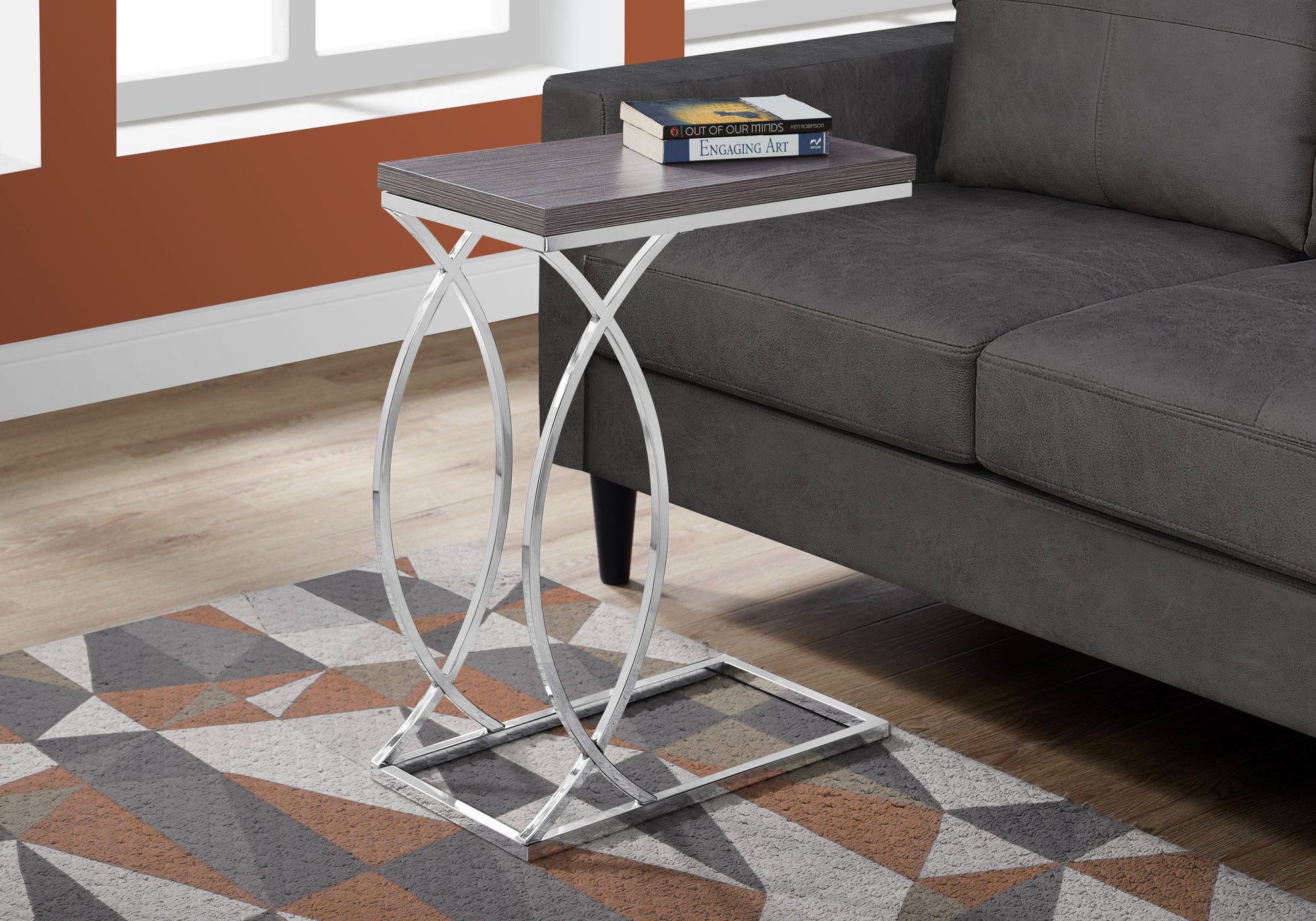 Accent Table, C Shaped, End, Side, Snack, Living Room, Bedroom, Grey Laminate, Chrome Metal, Contemporary, Modern Grey Mdf