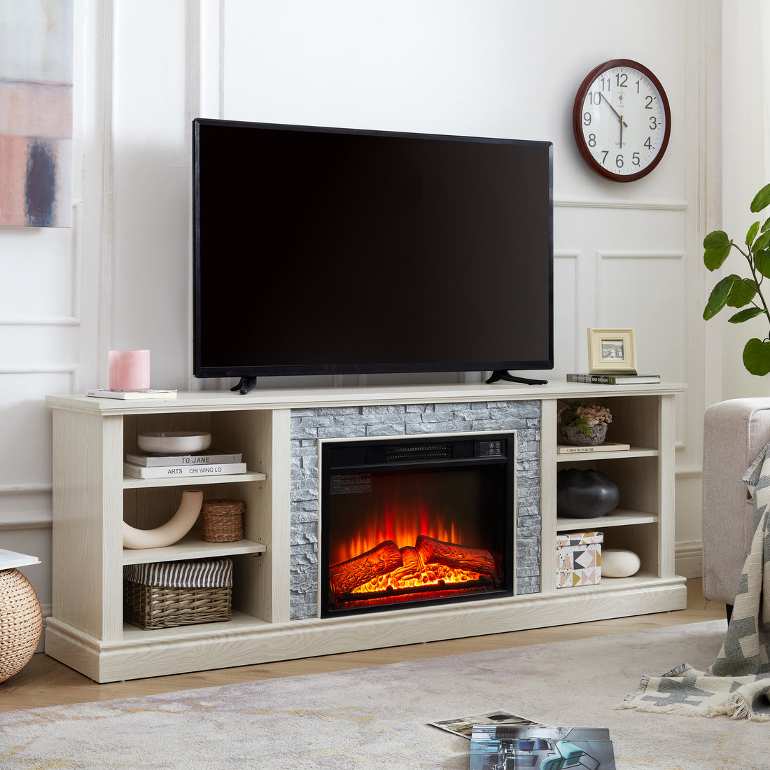 Large Faux Stacked Stone Tv Desk Storage Rack, Media Console Table With Large Storage Cabinet,Modern Tv Media Stand With 23" Fireplace Insert,White, 70.12"W*15.35"D*25.83"H White 70 79 Inches Mdf