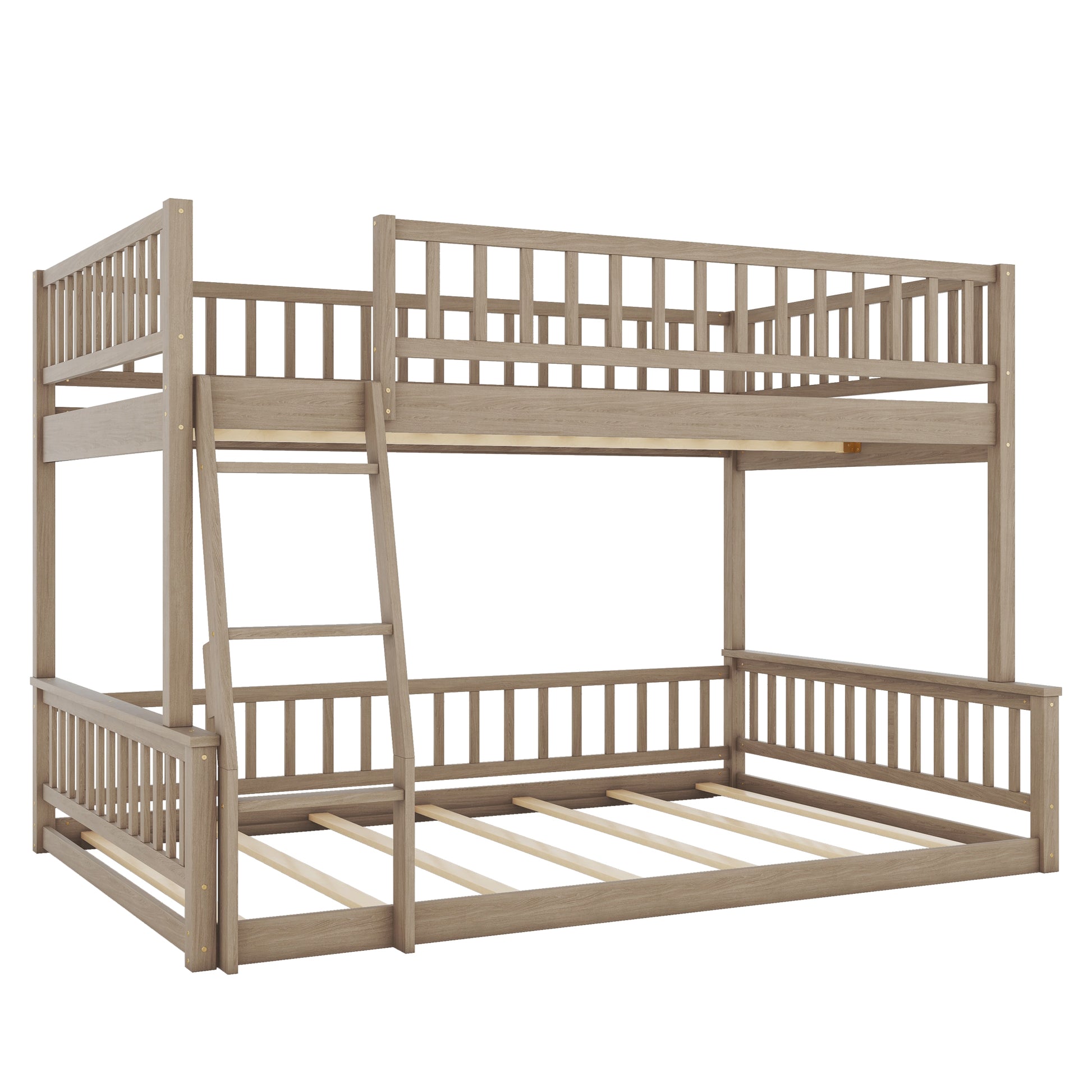 Full Xl Over Queen Bunk Bed With Ladder And Guardrails, Walnut Box Spring Not Required Queen Walnut Wood Bunk Solid Wood Mdf