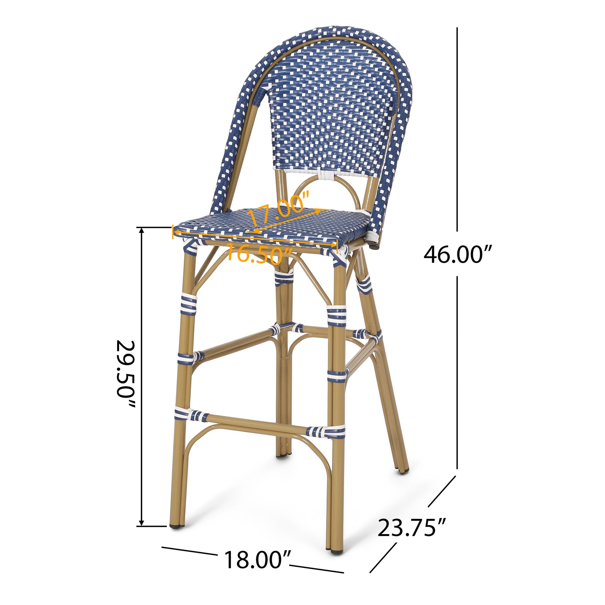 29.5" Outdoor Pe Rattan French Barstool, Dark Teal And White, Aluminum Frame With Bamboo Finish Set Of 2 No Teal Blue,White Rust Resistant Frame Garden & Outdoor French 2 Person Seating Group