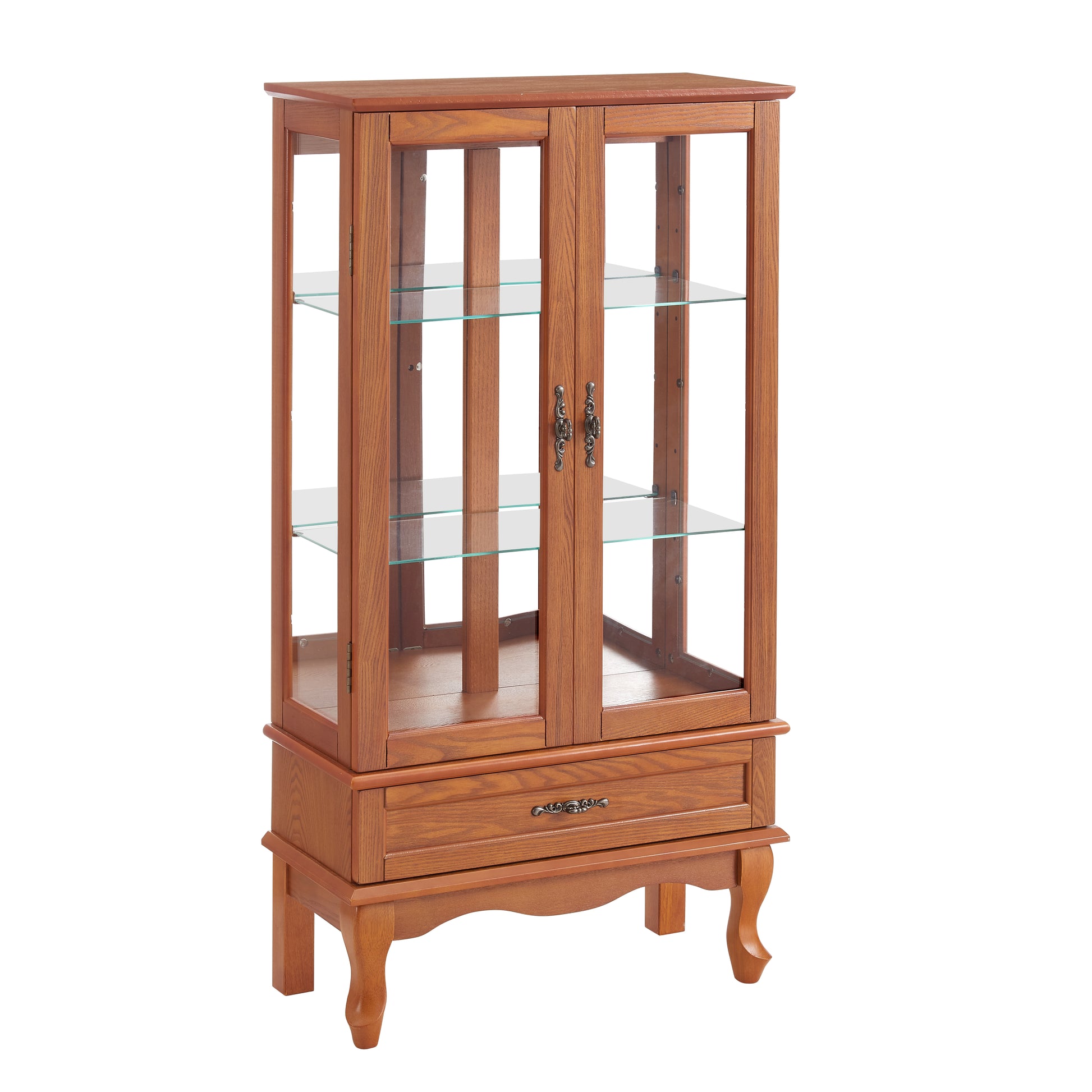 Lighted Glass Cabinet Glass Wine Cabinet Curio Display Cabinet With Adjustable Glass Shelves 2 Doors And 1 Drawer Cabinet Bulb Included Oak Oak Mdf Glass