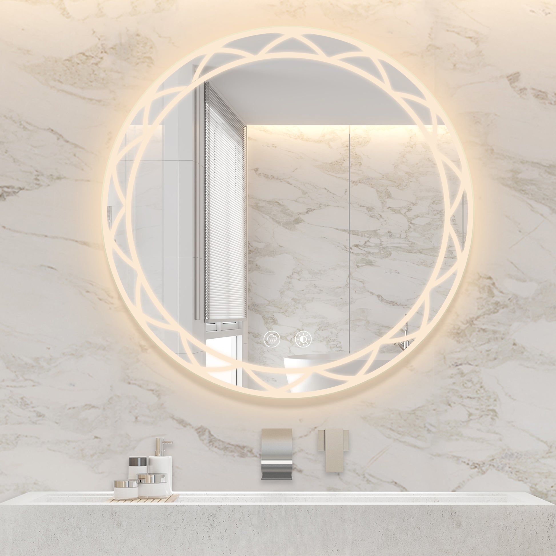 30" Round Led Bathroom Mirror Adjustable Color Temperatures And Anti Fog, Wall Mounted Design White Black Aluminium,Tempered Glass