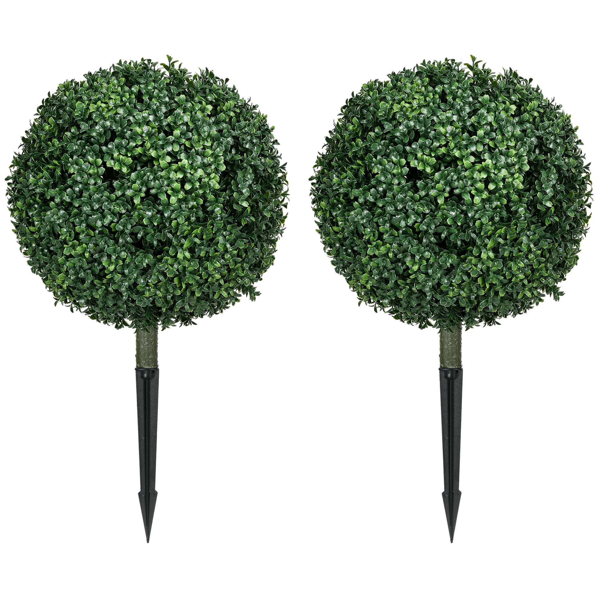 Homcom 1.3' 15.7" Artificial Boxwood Topiary Trees With Ground Stake, Uv Resistant Set Of 2 Ball Shaped Trees, Indoor Outdoor Fake Plants For Home Office & Living Room D Cor Green Plastic