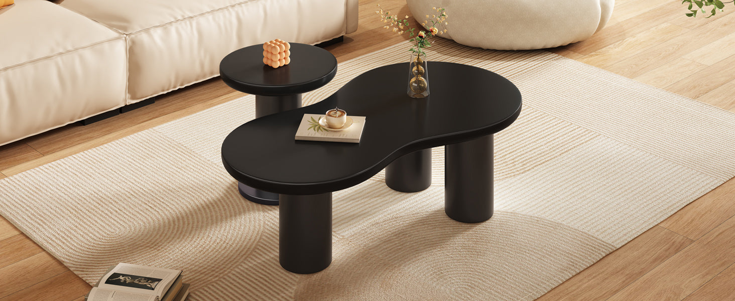 Easy Assembly Nesting Coffee Table Set Of 2, Cream Style Cloud Coffee Table With Round Small Side Table, Irregular Center Table With Thick Legs For Living Room, Black, 39.3''X 13.7'', 15.7'' Black