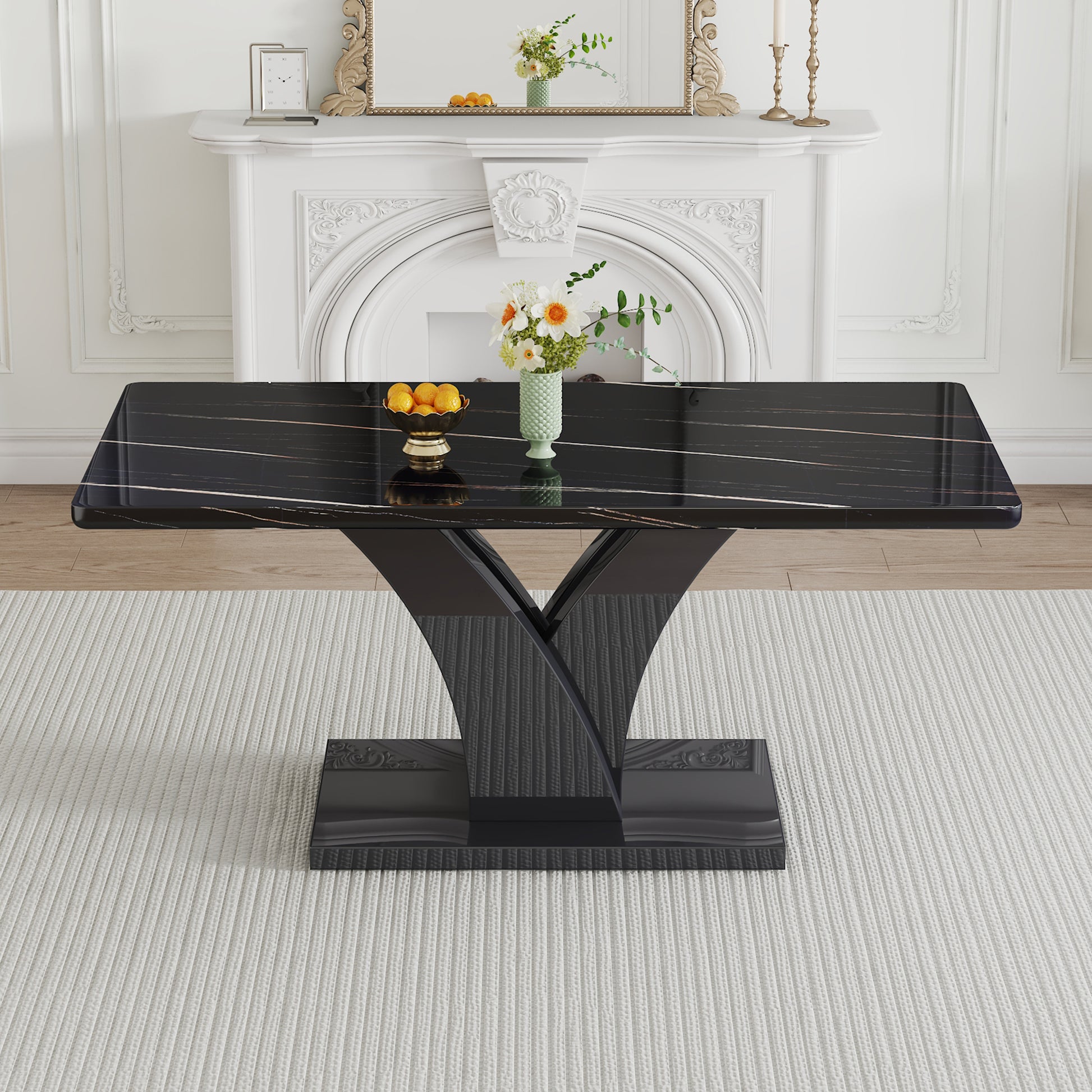 Modern Dining Table, Black Desktop And Black Mdf Leg Dining Table Are The Perfect Choice For Dinner, Conference, Home And Office Decoration F 790 Black Mdf