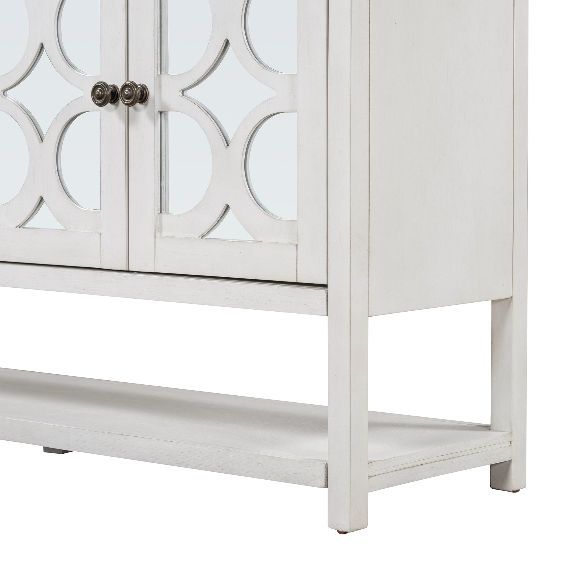 Elegant Retro Console Table Storage Cabinet Sideboard With Mirrored Doors, Spacious Shelves, And Durable Acacia Wood Legs Perfect For Living Room, Dining Room, Or Entryway Antique White Antique White Primary Living Space Solid Wood Mdf