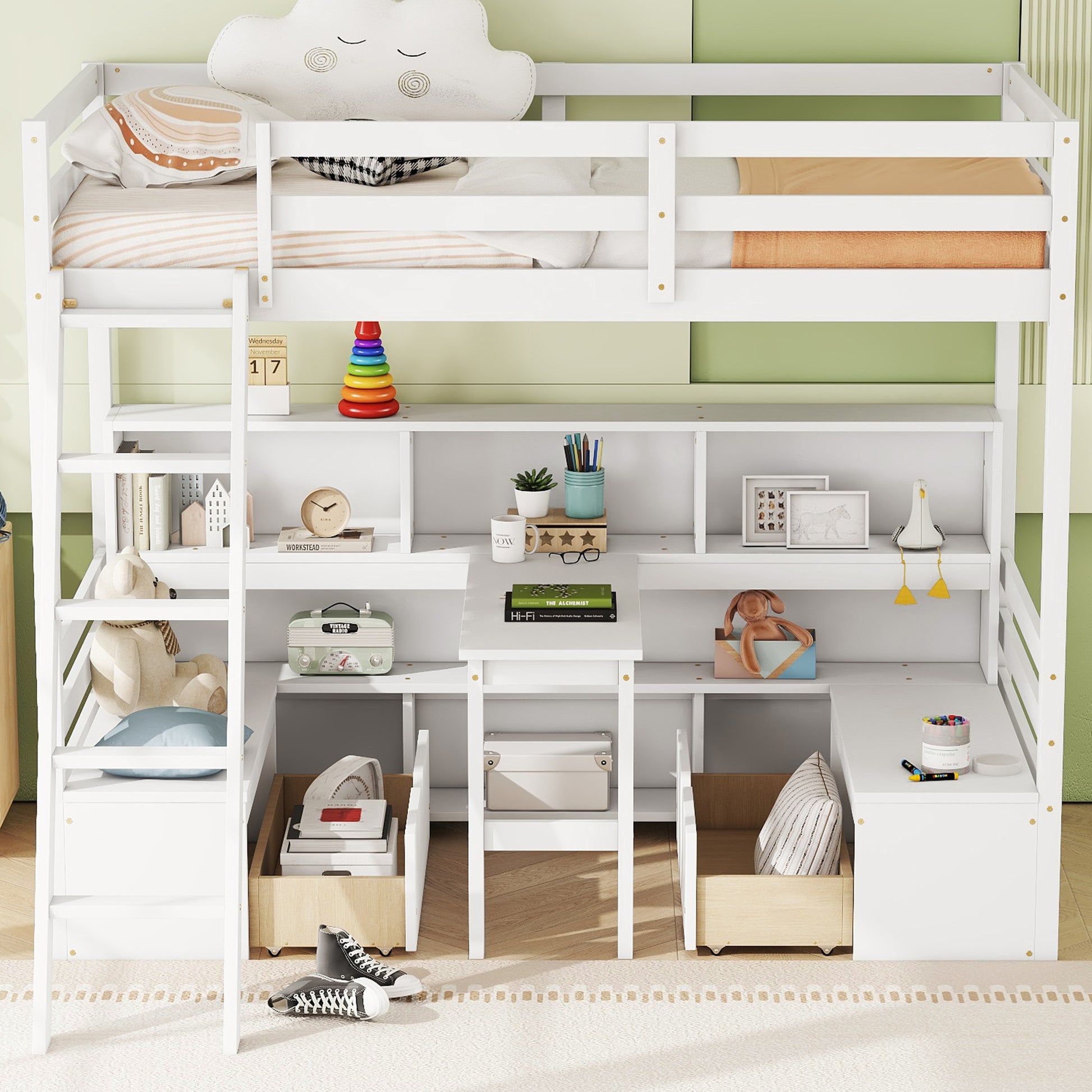 Twin Loft Bed With Storage Shelves, Drawers, Seat And Desk For White Color Box Spring Not Required Twin White Wood Bedroom Modern Storage Included Pine