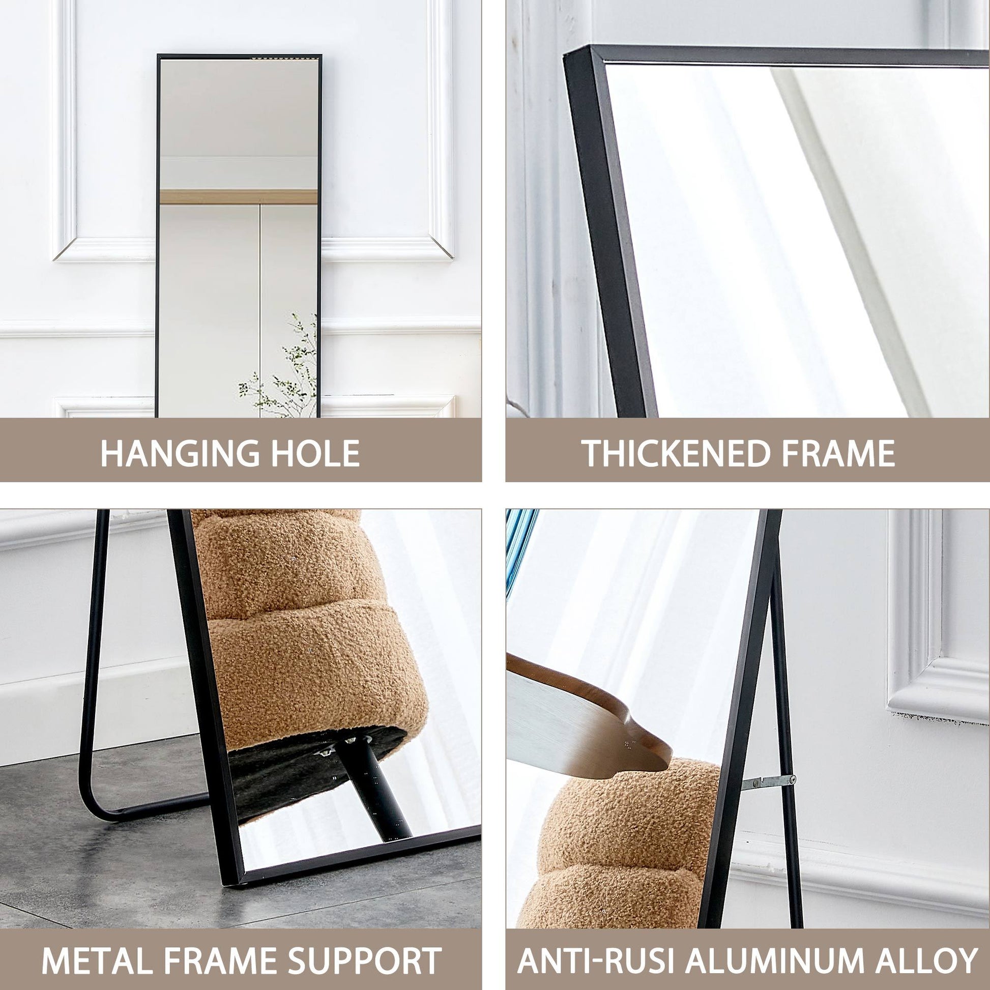 The 4St Generation Aluminum Alloy Metal Frame Wall Mounted Full Body Mirror, Bathroom Makeup Mirror, Bedroom, Decorative Mirror, Clothing Store, Floor Mounted Large Mirror, Black 63 "* 20"W1151127265 Black Glass