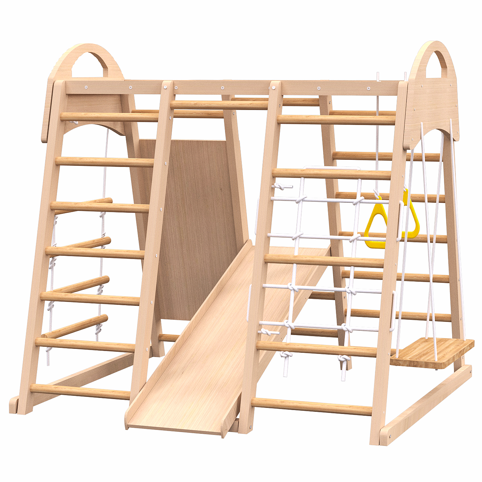 Indoor Playground 7 In 1 Jungle Gym Playset For Kids 2 6Yrs Slide, Climbing Wall, Rope Wall Climber, Monkey Bars, Swing Waldorf And Montessori Style Wooden Climb Set. Natural Wood Pine