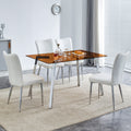 Table And Chair Set. Large Modern Rectangular Table With Brown Glass Top And Silver Metal Legs. It Comes With Soft And Comfortable Pu Seats, Faux Leather Upholstered Seats And Silver Metal Legs. Brown,White Seats 4 Glass Metal