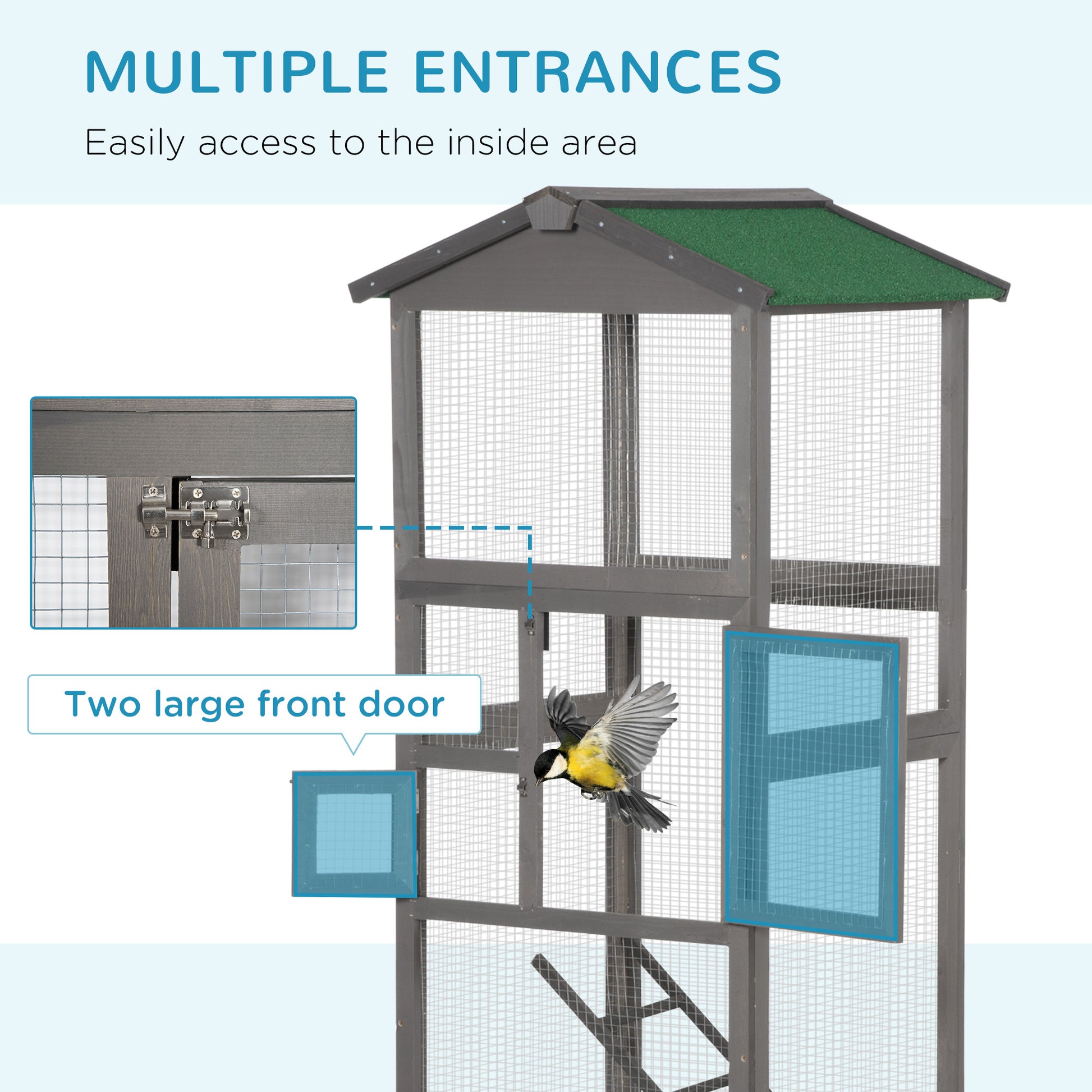 Pawhut 65" Wooden Bird Cage Outdoor Aviary House For Parrot, Parakeet, With Pull Out Tray And 2 Doors, Grey Gray Wood