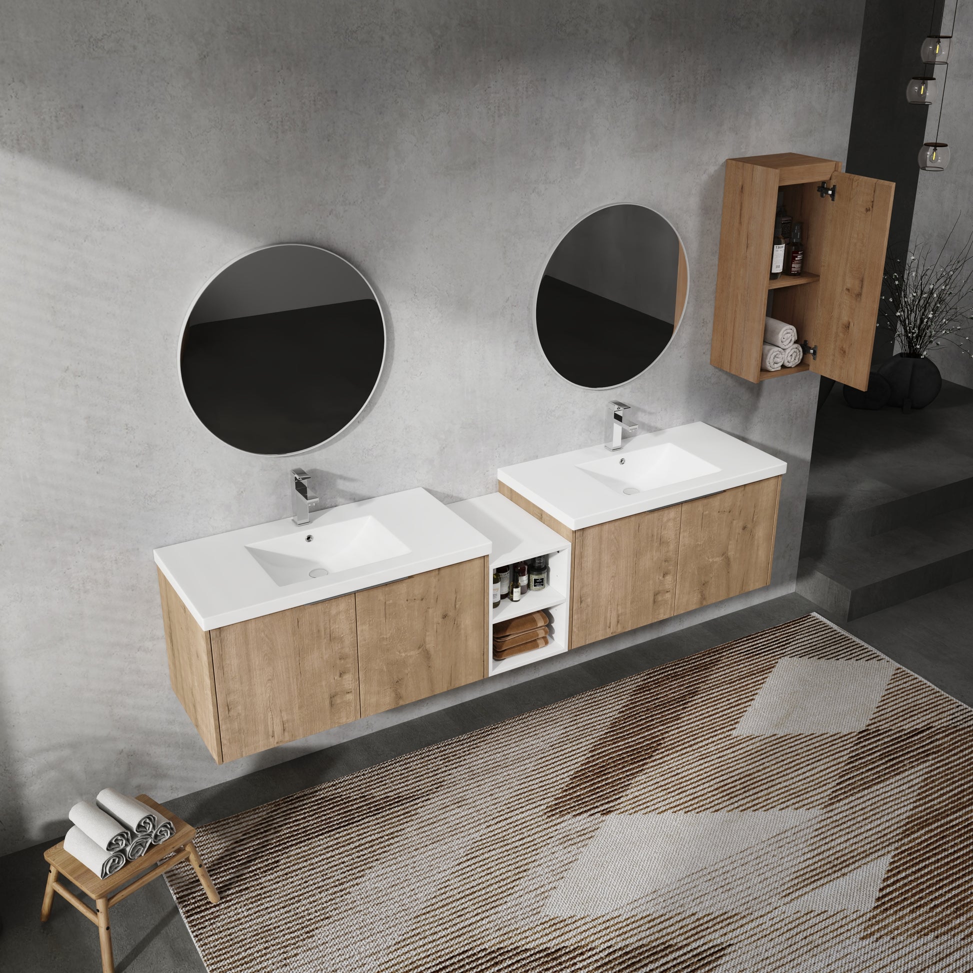84" Wall Mounted Bathroom Vanity With Sink And Side Cabinet, Soft Close Doors,00112Imo 00636Imox2 0612Gwh Combination Cabinet Kd Packing Imitative Oak Bathroom Modern Plywood Plywood