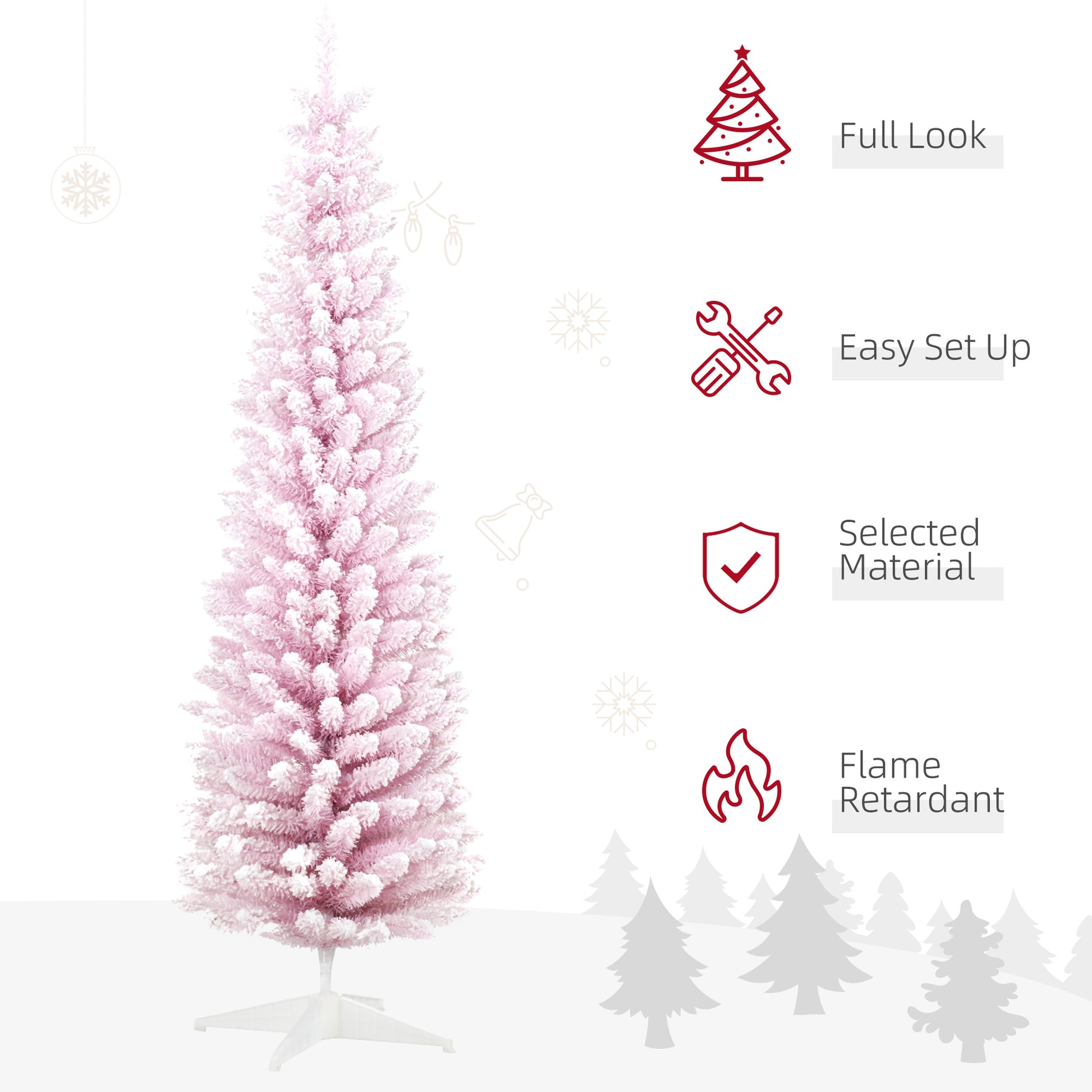 Homcom 6' Snow Flocked Artificial Pencil Christmas Tree, Slim Xmas Tree With Realistic Branches And Plastic Base Stand For Indoor Decoration, Pink Pink Plastic