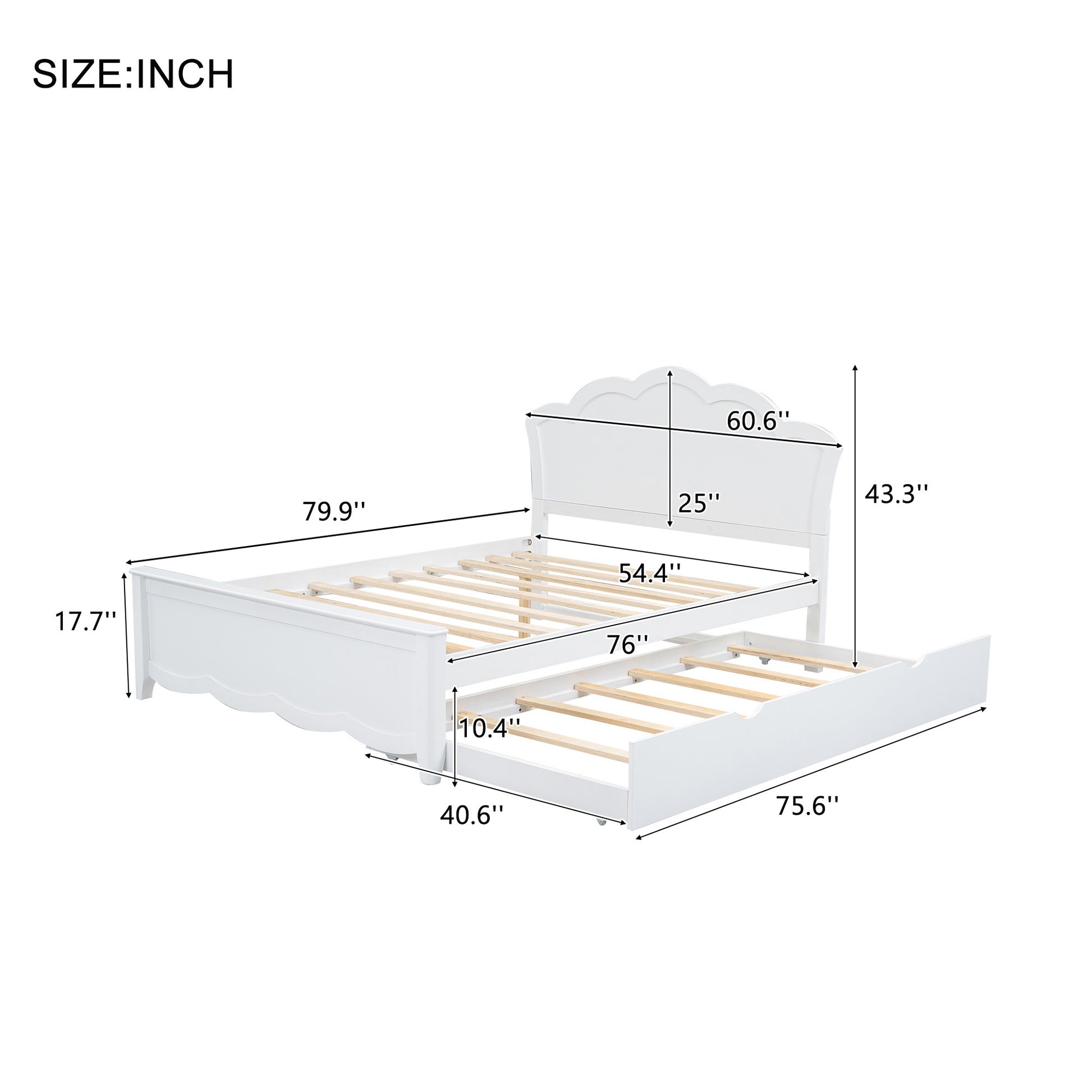 Full Size Wood Platform Bed With Headboard And Twin Size Trundle, White Box Spring Not Required Full White Wood Bed Frame Solid Wood Mdf